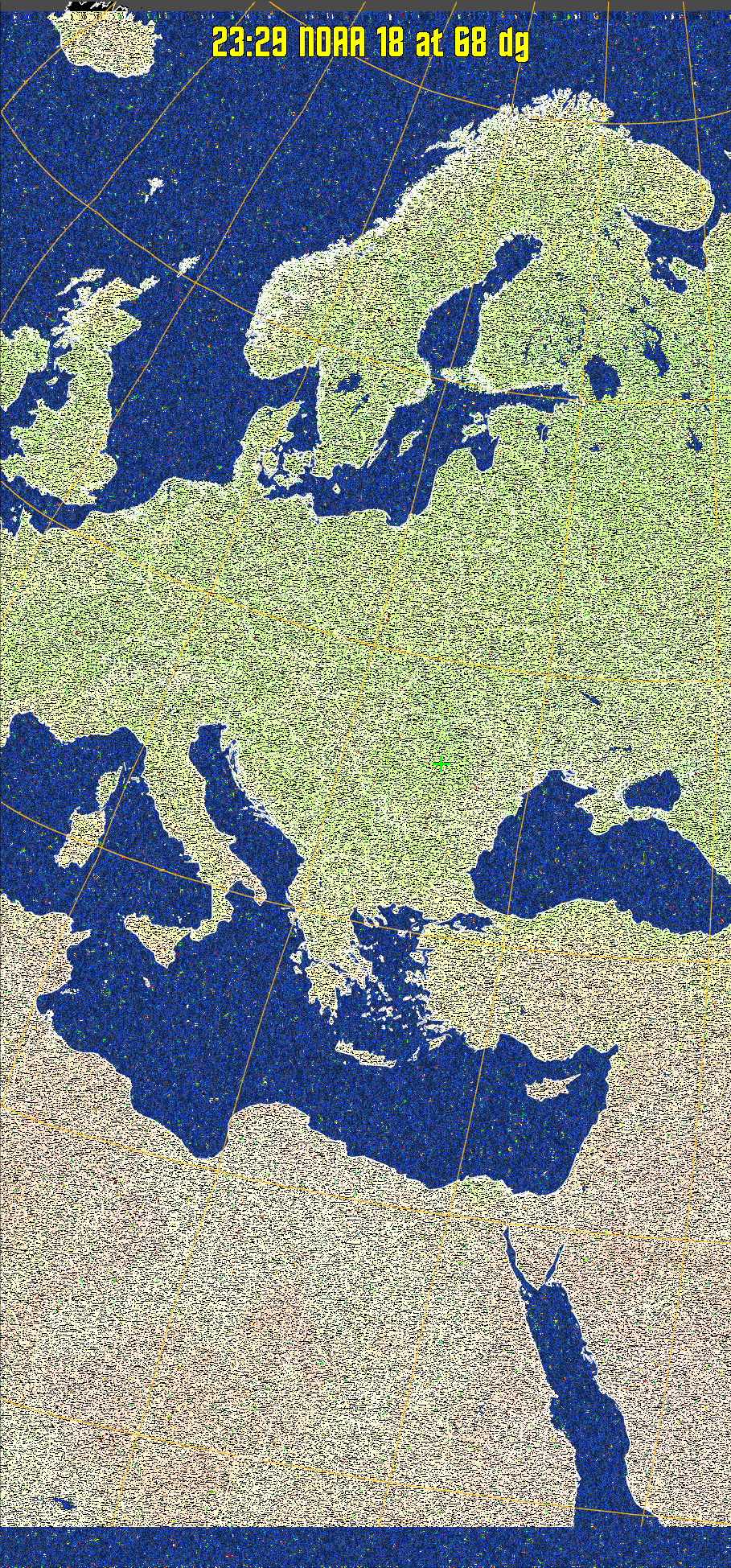 MCIR-precip: 
Colours the NOAA sensor 4 IR image using a map to colour the sea blue and land
green. High clouds appear white, lower clouds gray or land/sea coloured, clouds
generally appear lighter, but distinguishing between land/sea and low cloud may
be difficult. Darker colours indicate warmer regions.