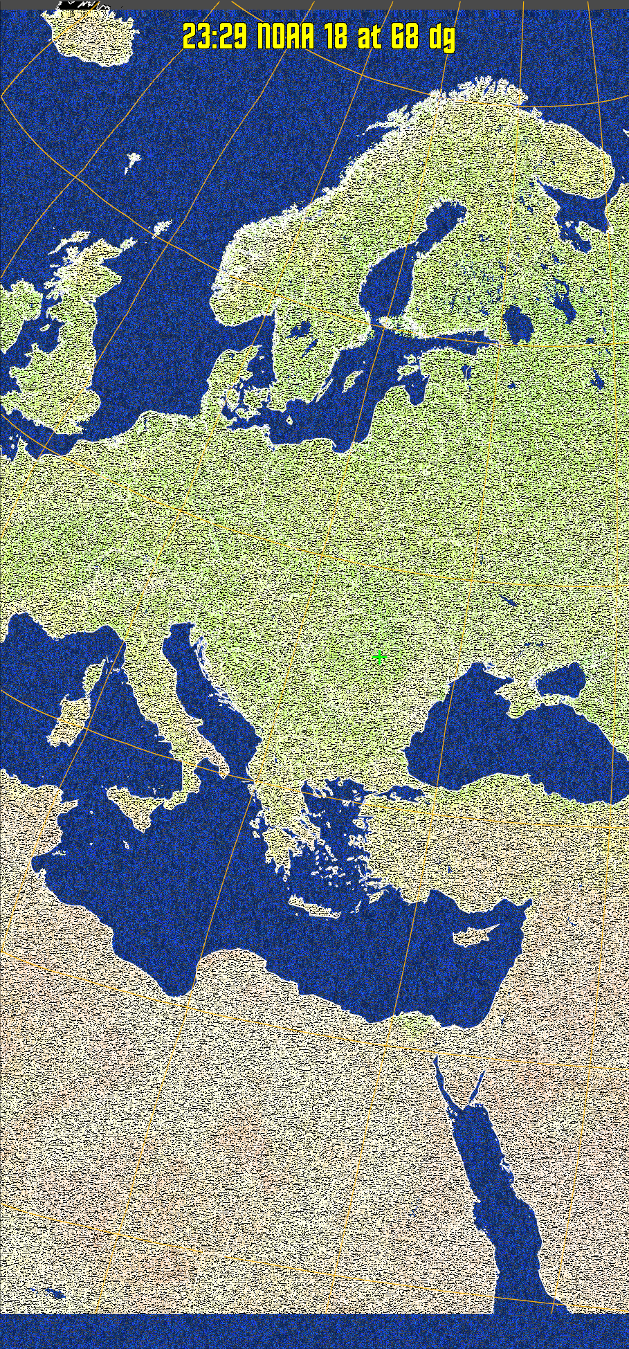 MCIR-precip: 
Colours the NOAA sensor 4 IR image using a map to colour the sea blue and land
green. High clouds appear white, lower clouds gray or land/sea coloured, clouds
generally appear lighter, but distinguishing between land/sea and low cloud may
be difficult. Darker colours indicate warmer regions.