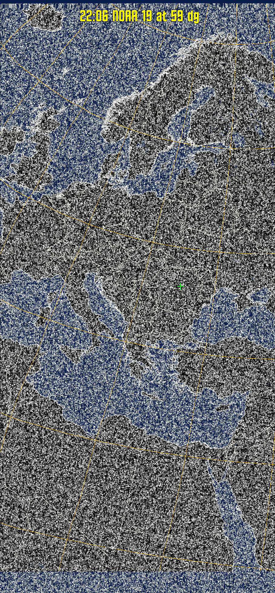 MCIR-precip: 
Colours the NOAA sensor 4 IR image using a map to colour the sea blue and land
green. High clouds appear white, lower clouds gray or land/sea coloured, clouds
generally appear lighter, but distinguishing between land/sea and low cloud may
be difficult. Darker colours indicate warmer regions.