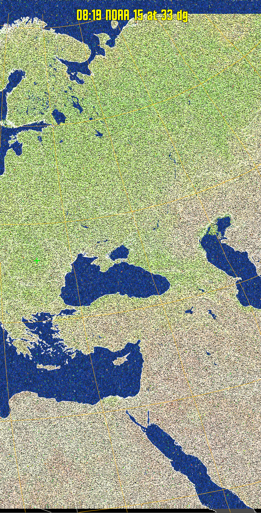 MCIR-precip: 
Colours the NOAA sensor 4 IR image using a map to colour the sea blue and land
green. High clouds appear white, lower clouds gray or land/sea coloured, clouds
generally appear lighter, but distinguishing between land/sea and low cloud may
be difficult. Darker colours indicate warmer regions.