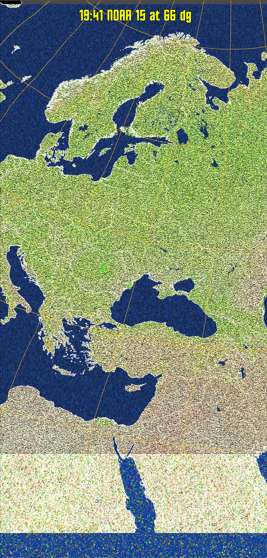 MCIR-precip: 
Colours the NOAA sensor 4 IR image using a map to colour the sea blue and land
green. High clouds appear white, lower clouds gray or land/sea coloured, clouds
generally appear lighter, but distinguishing between land/sea and low cloud may
be difficult. Darker colours indicate warmer regions.