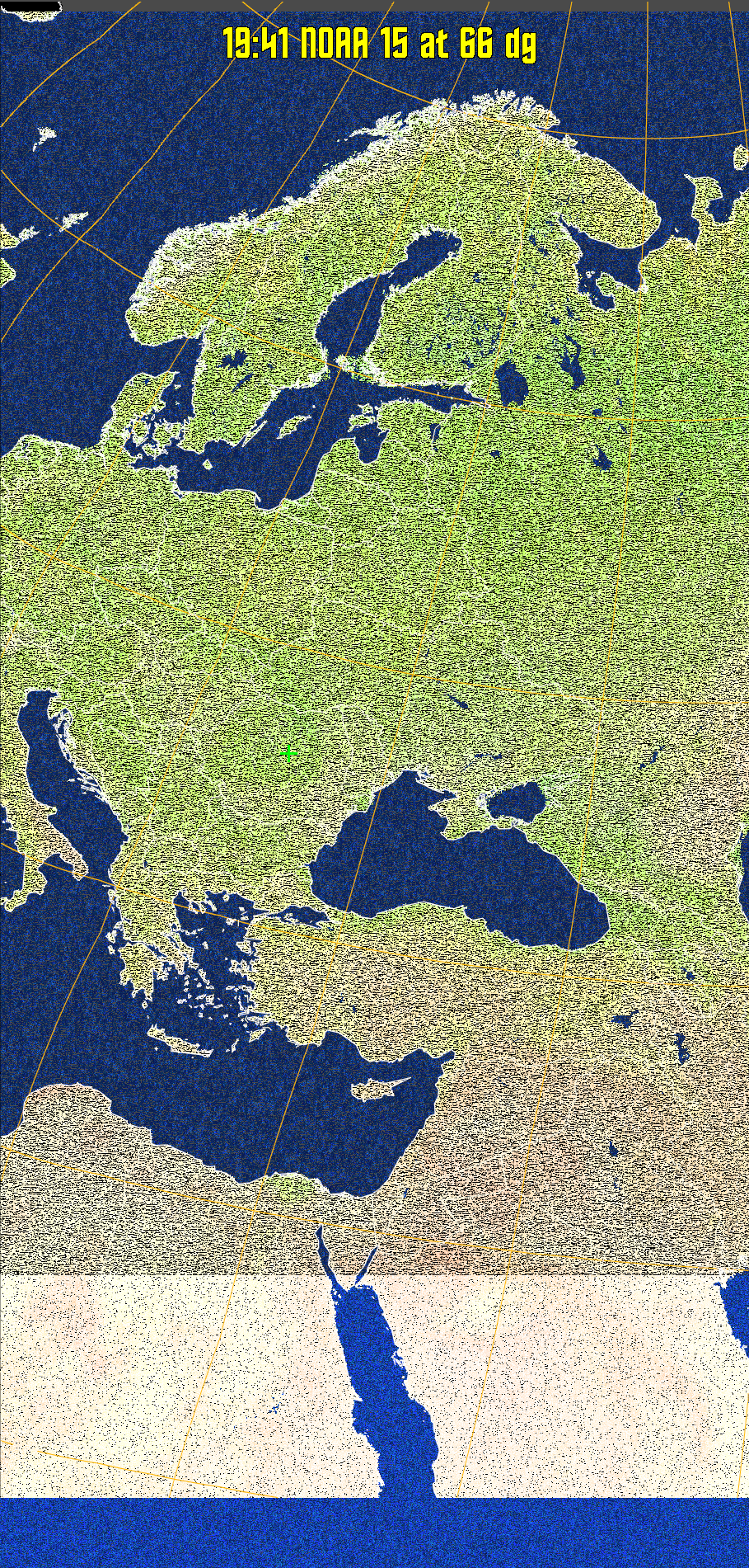 MCIR-precip: 
Colours the NOAA sensor 4 IR image using a map to colour the sea blue and land
green. High clouds appear white, lower clouds gray or land/sea coloured, clouds
generally appear lighter, but distinguishing between land/sea and low cloud may
be difficult. Darker colours indicate warmer regions.