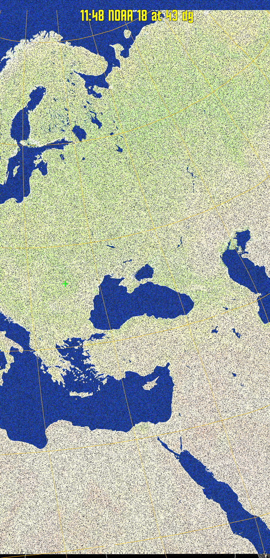 MCIR-precip: 
Colours the NOAA sensor 4 IR image using a map to colour the sea blue and land
green. High clouds appear white, lower clouds gray or land/sea coloured, clouds
generally appear lighter, but distinguishing between land/sea and low cloud may
be difficult. Darker colours indicate warmer regions.