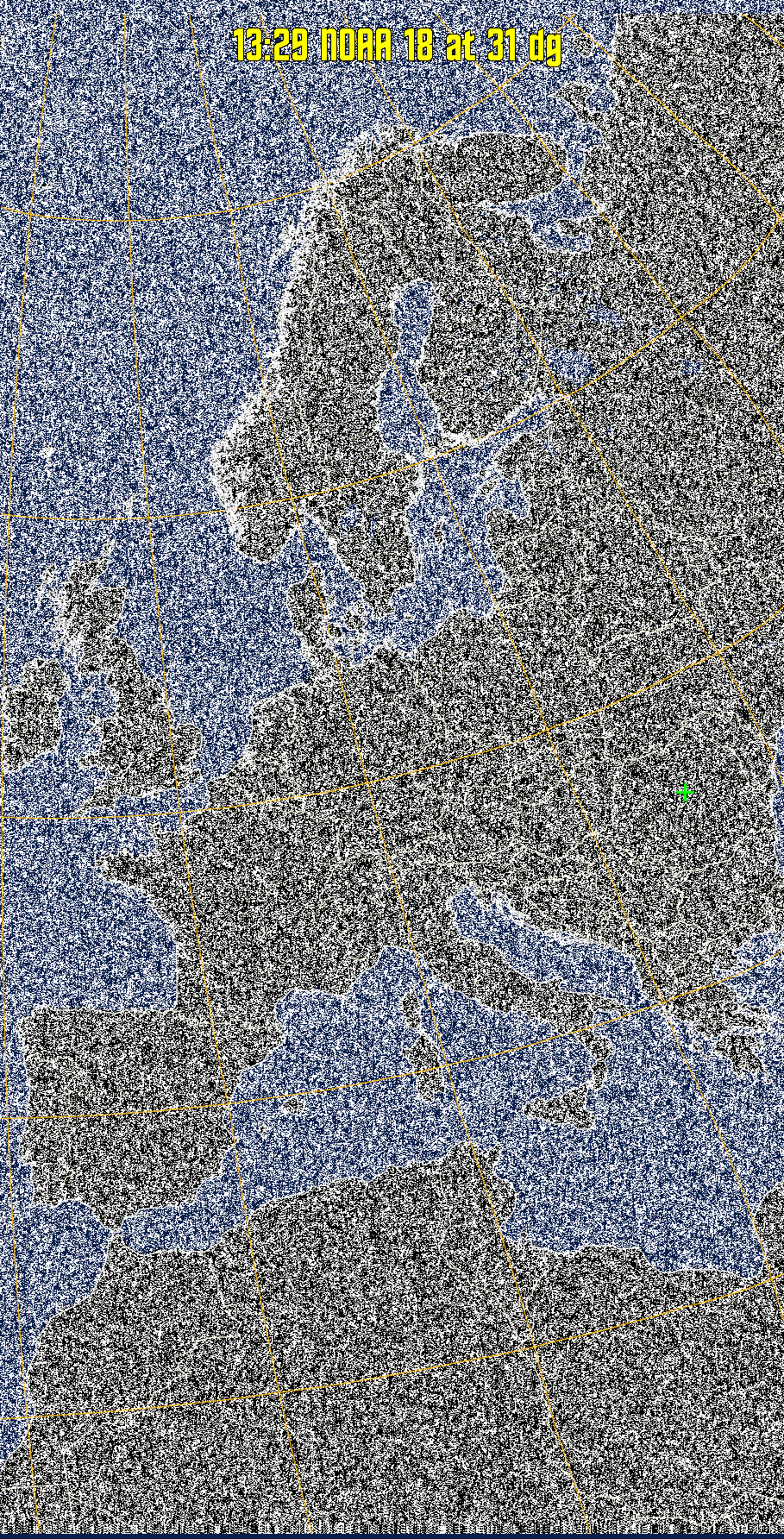 MCIR-precip: 
Colours the NOAA sensor 4 IR image using a map to colour the sea blue and land
green. High clouds appear white, lower clouds gray or land/sea coloured, clouds
generally appear lighter, but distinguishing between land/sea and low cloud may
be difficult. Darker colours indicate warmer regions.