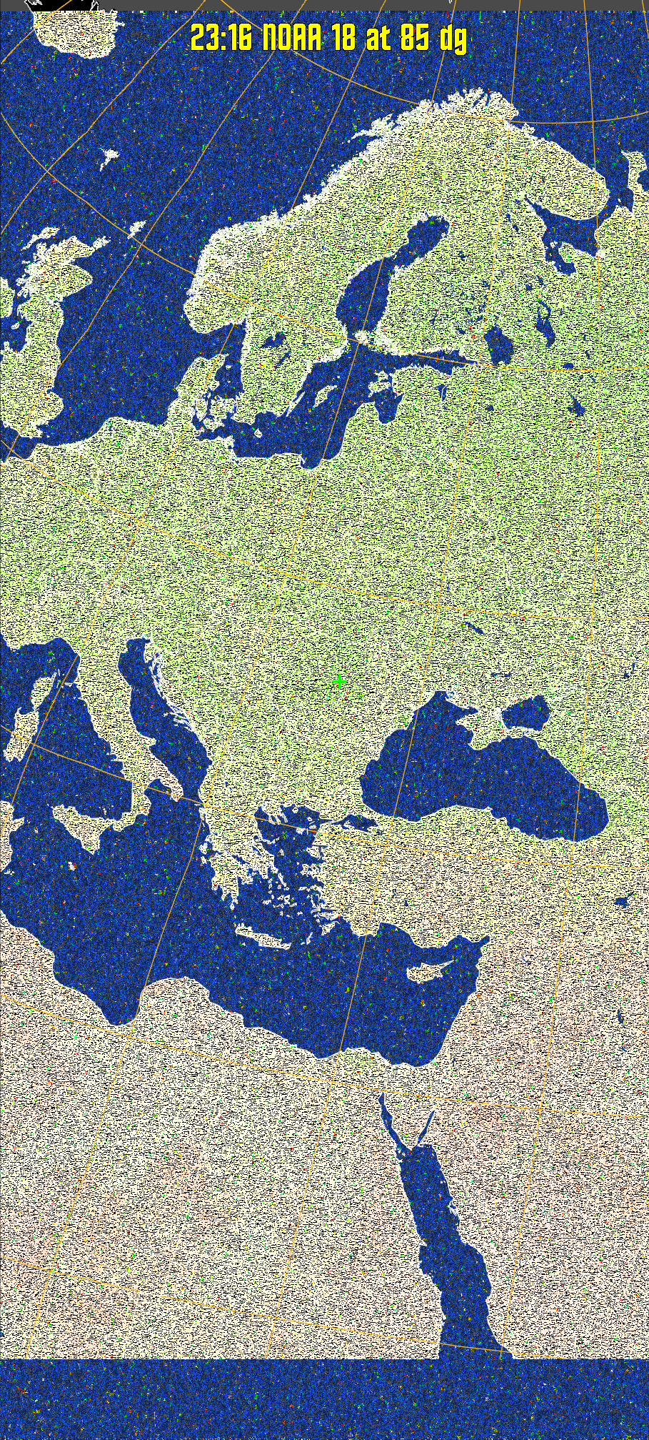 MCIR-precip: 
Colours the NOAA sensor 4 IR image using a map to colour the sea blue and land
green. High clouds appear white, lower clouds gray or land/sea coloured, clouds
generally appear lighter, but distinguishing between land/sea and low cloud may
be difficult. Darker colours indicate warmer regions.