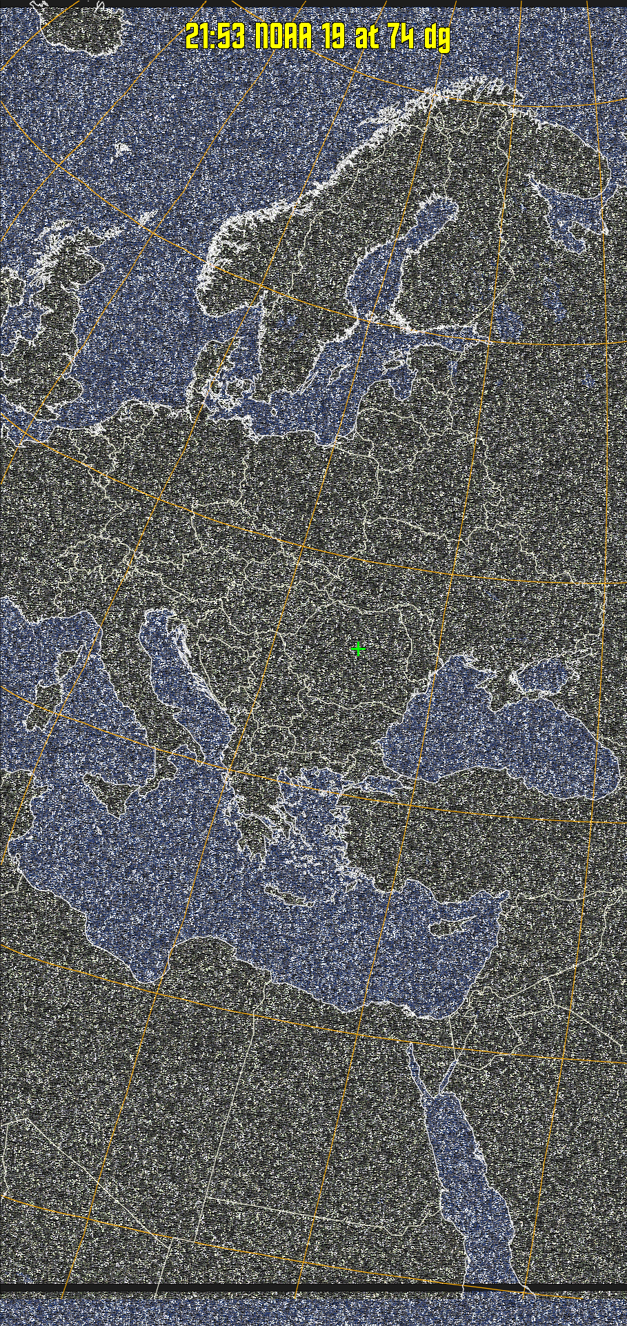 HVCT:
Similar to HVC, but with blue water and with colours more indicative of
land temperatures.
HVC:
Creates a false colour image from NOAA APT images based on temperature using
the HVC colour model. Uses the temperature derived from the sensor 4 image to
select the hue and the brightness from the histogram equalised other image to
select the value and chroma. The HVC colour model attempts to ensure that different colours at the same value will appear to the eye to be the same brightness
and the spacing between colours representing each degree will appear to the eye to
be similar. Bright areas are completely unsaturated in this model.