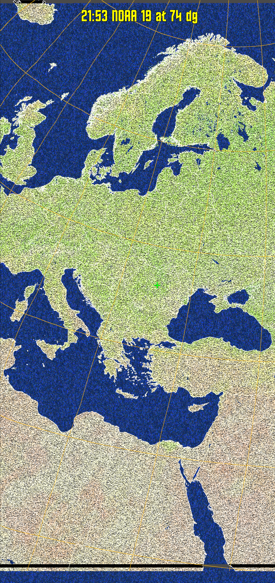 MCIR-precip: 
Colours the NOAA sensor 4 IR image using a map to colour the sea blue and land
green. High clouds appear white, lower clouds gray or land/sea coloured, clouds
generally appear lighter, but distinguishing between land/sea and low cloud may
be difficult. Darker colours indicate warmer regions.