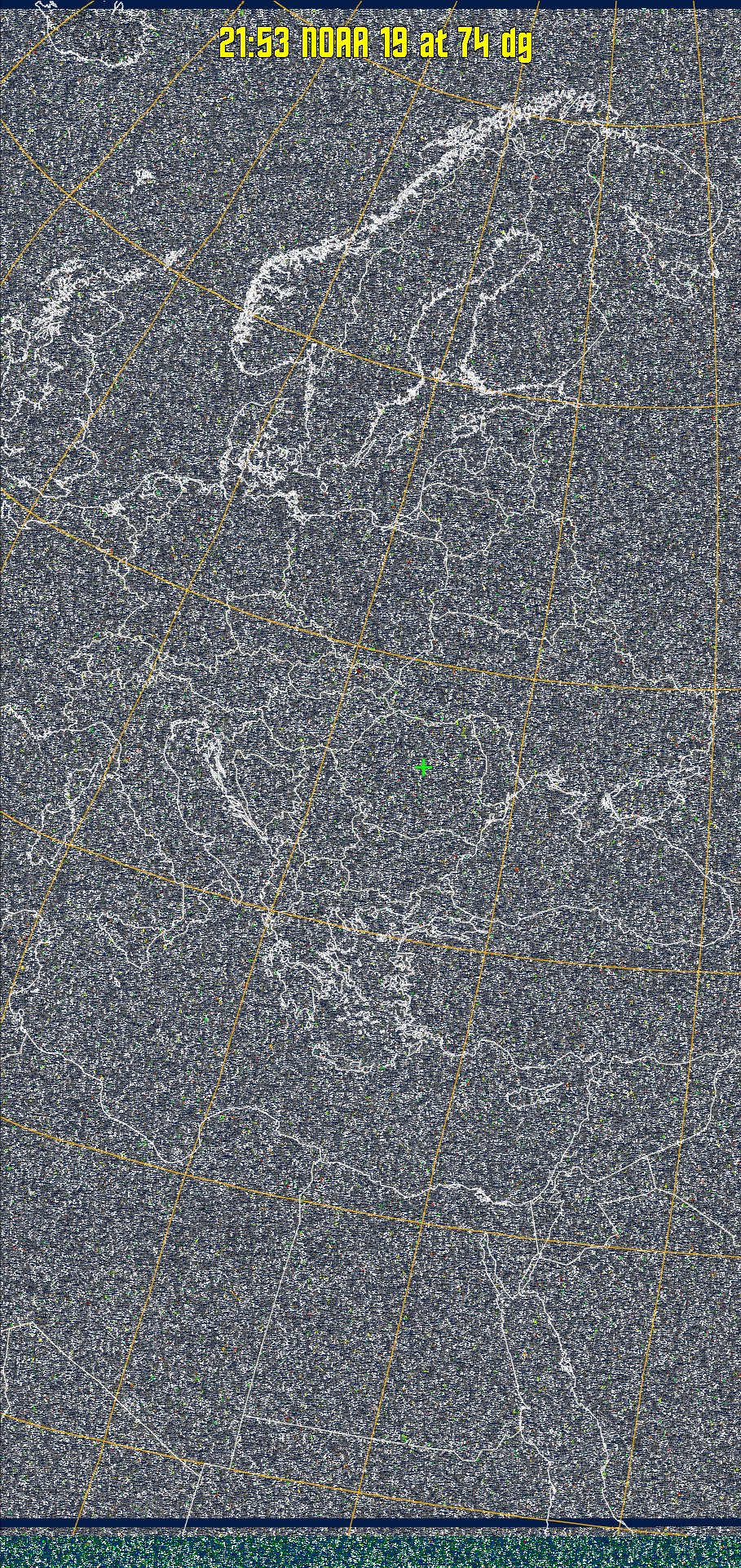 MSA-precip:
Same as MSA multispectral analysis, but high cold cloud tops are coloured the
same as the NO enhancement to give an approximate indication of the probability
and intensity of precipitation.