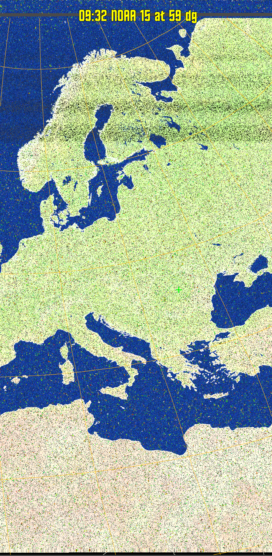 MCIR-precip: 
Colours the NOAA sensor 4 IR image using a map to colour the sea blue and land
green. High clouds appear white, lower clouds gray or land/sea coloured, clouds
generally appear lighter, but distinguishing between land/sea and low cloud may
be difficult. Darker colours indicate warmer regions.