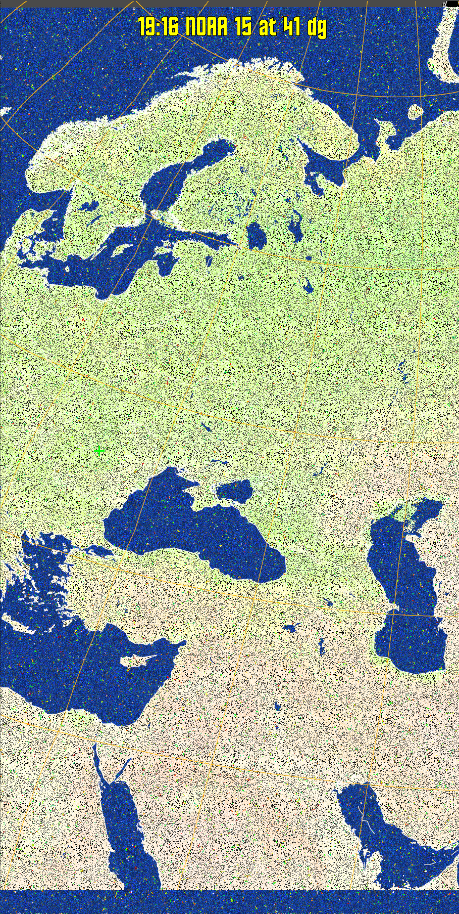 MCIR-precip: 
Colours the NOAA sensor 4 IR image using a map to colour the sea blue and land
green. High clouds appear white, lower clouds gray or land/sea coloured, clouds
generally appear lighter, but distinguishing between land/sea and low cloud may
be difficult. Darker colours indicate warmer regions.