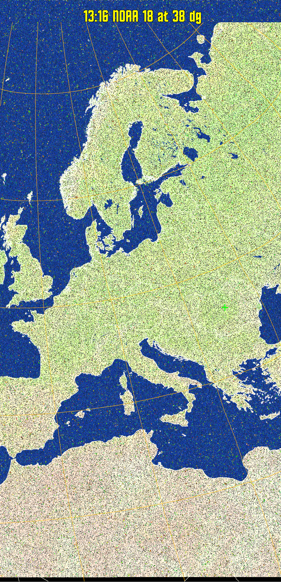 MCIR-precip: 
Colours the NOAA sensor 4 IR image using a map to colour the sea blue and land
green. High clouds appear white, lower clouds gray or land/sea coloured, clouds
generally appear lighter, but distinguishing between land/sea and low cloud may
be difficult. Darker colours indicate warmer regions.