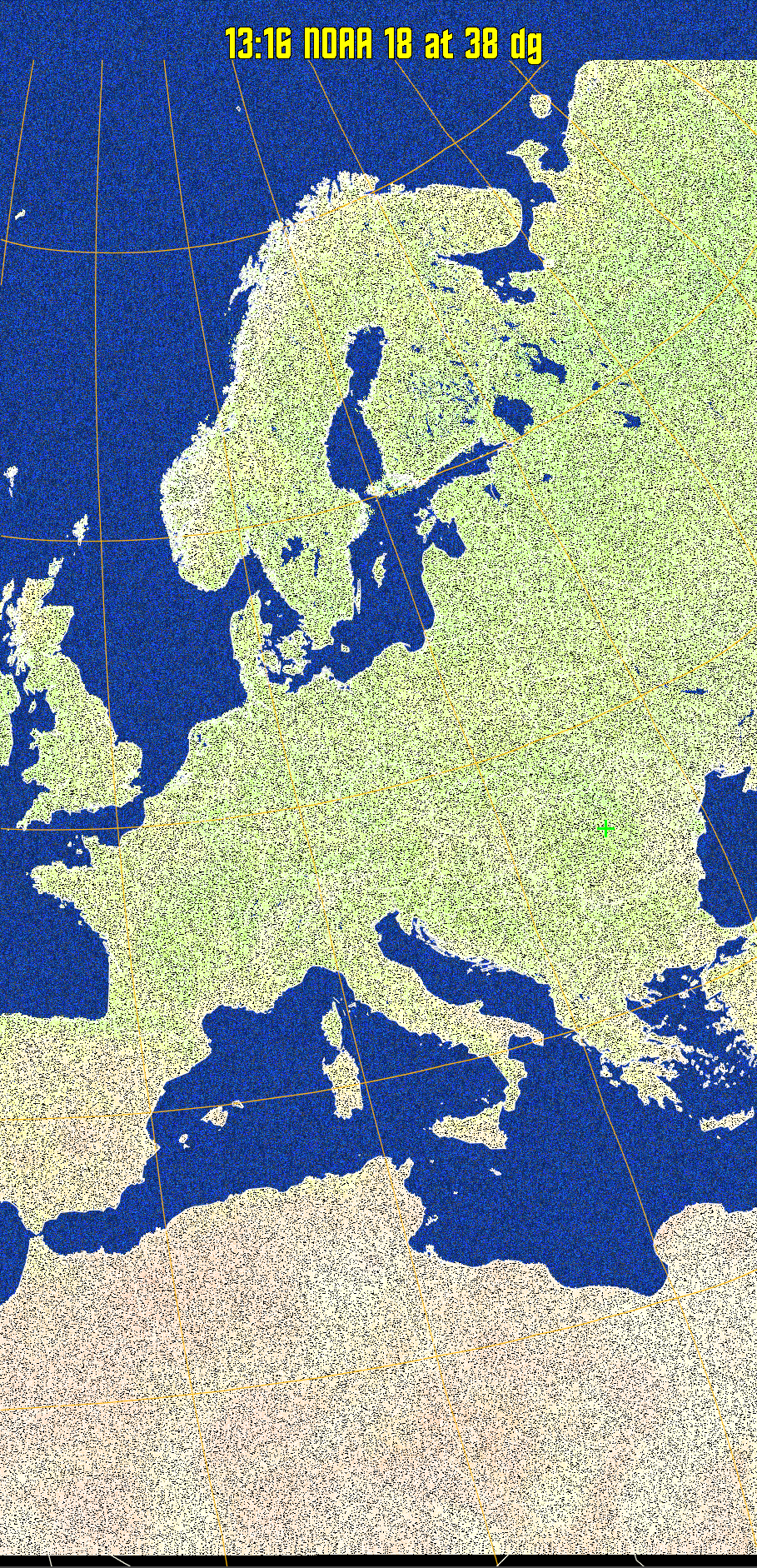 MCIR-precip: 
Colours the NOAA sensor 4 IR image using a map to colour the sea blue and land
green. High clouds appear white, lower clouds gray or land/sea coloured, clouds
generally appear lighter, but distinguishing between land/sea and low cloud may
be difficult. Darker colours indicate warmer regions.