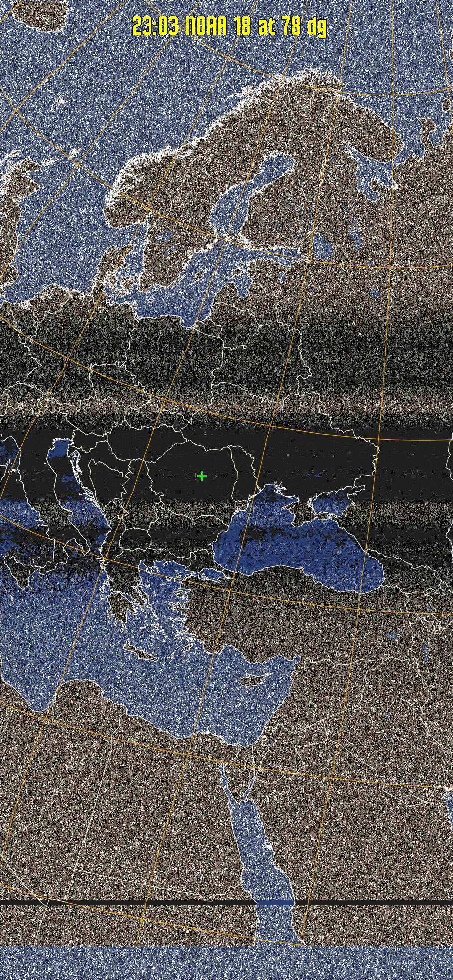 HVCT:
Similar to HVC, but with blue water and with colours more indicative of
land temperatures.
HVC:
Creates a false colour image from NOAA APT images based on temperature using
the HVC colour model. Uses the temperature derived from the sensor 4 image to
select the hue and the brightness from the histogram equalised other image to
select the value and chroma. The HVC colour model attempts to ensure that different colours at the same value will appear to the eye to be the same brightness
and the spacing between colours representing each degree will appear to the eye to
be similar. Bright areas are completely unsaturated in this model.