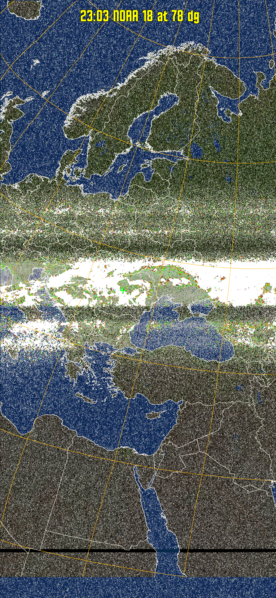 MCIR-precip: 
Colours the NOAA sensor 4 IR image using a map to colour the sea blue and land
green. High clouds appear white, lower clouds gray or land/sea coloured, clouds
generally appear lighter, but distinguishing between land/sea and low cloud may
be difficult. Darker colours indicate warmer regions.