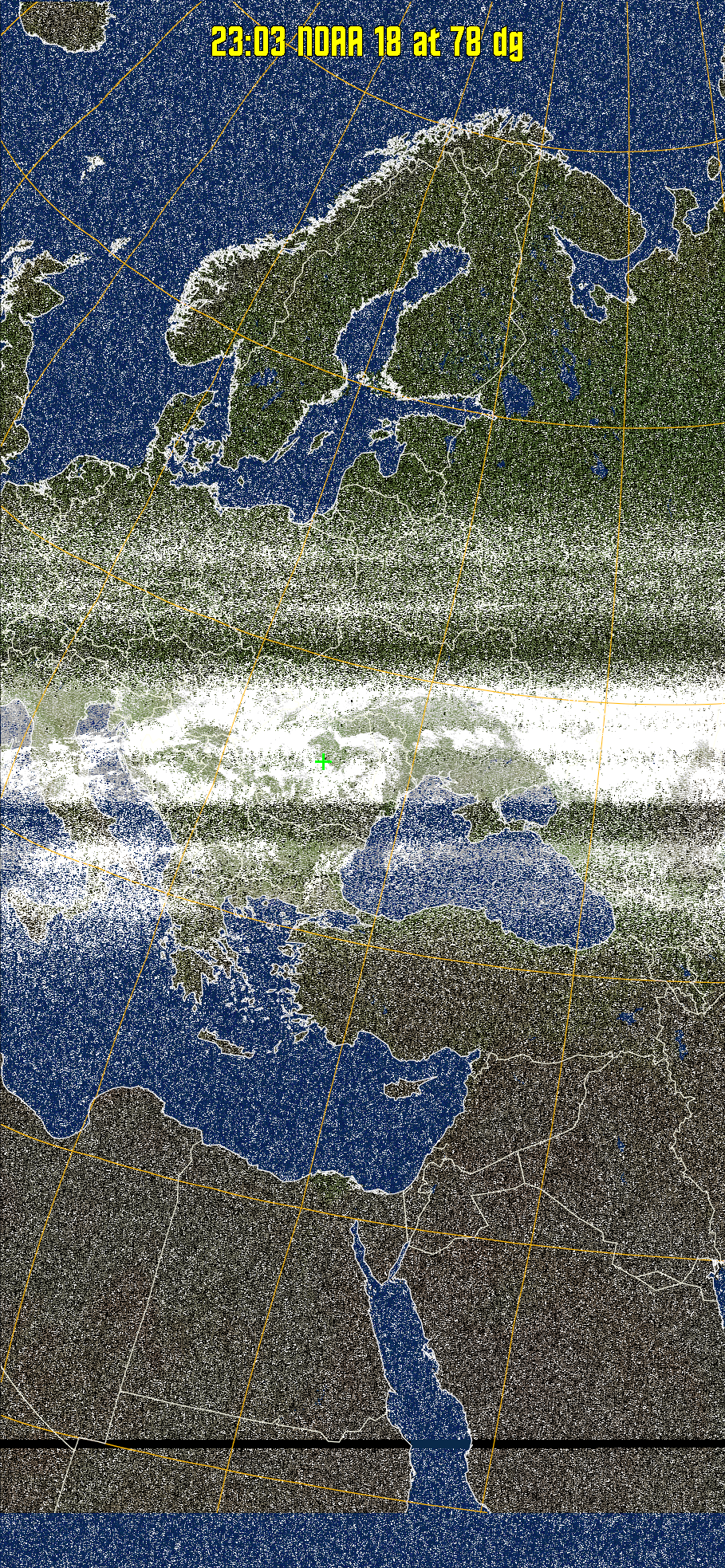 MCIR-precip: 
Colours the NOAA sensor 4 IR image using a map to colour the sea blue and land
green. High clouds appear white, lower clouds gray or land/sea coloured, clouds
generally appear lighter, but distinguishing between land/sea and low cloud may
be difficult. Darker colours indicate warmer regions.