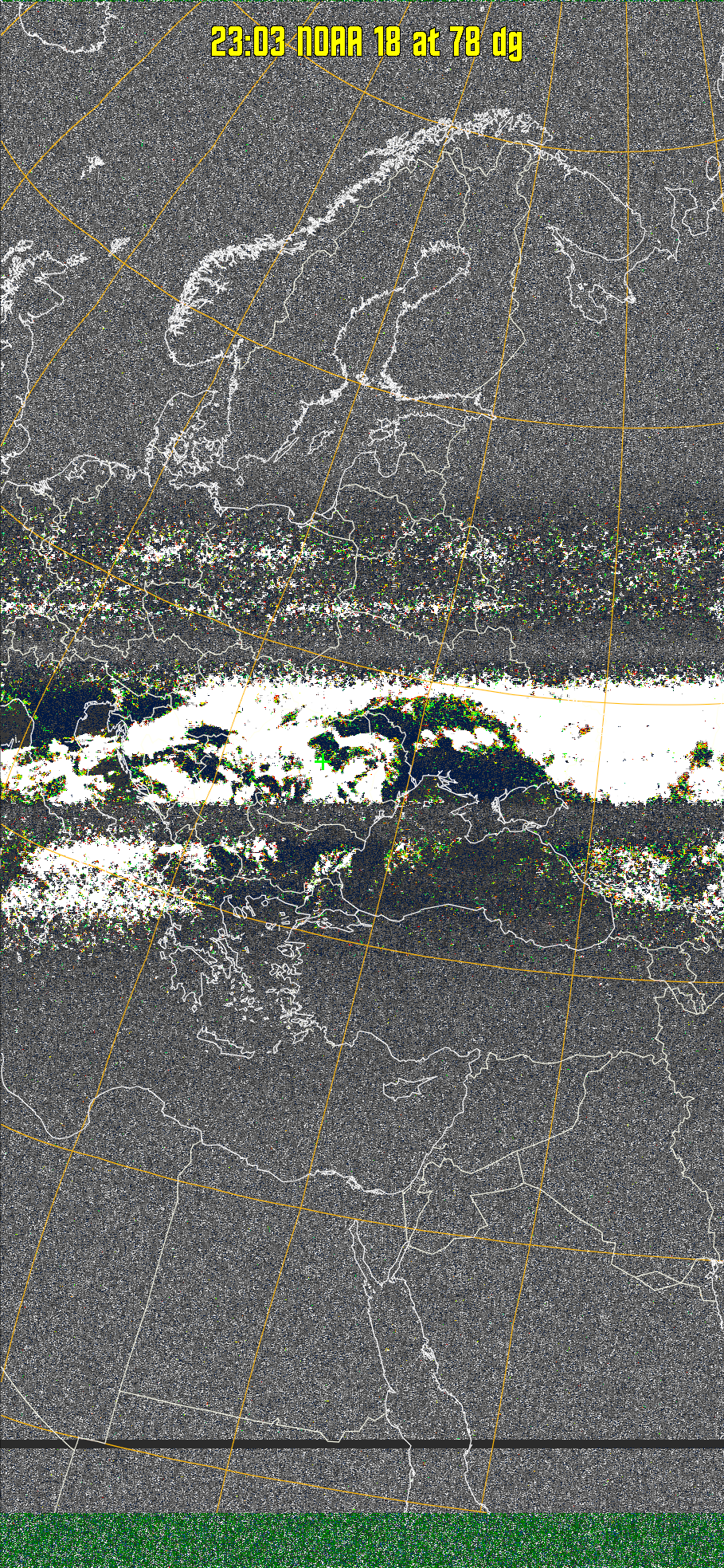 MSA-precip:
Same as MSA multispectral analysis, but high cold cloud tops are coloured the
same as the NO enhancement to give an approximate indication of the probability
and intensity of precipitation.