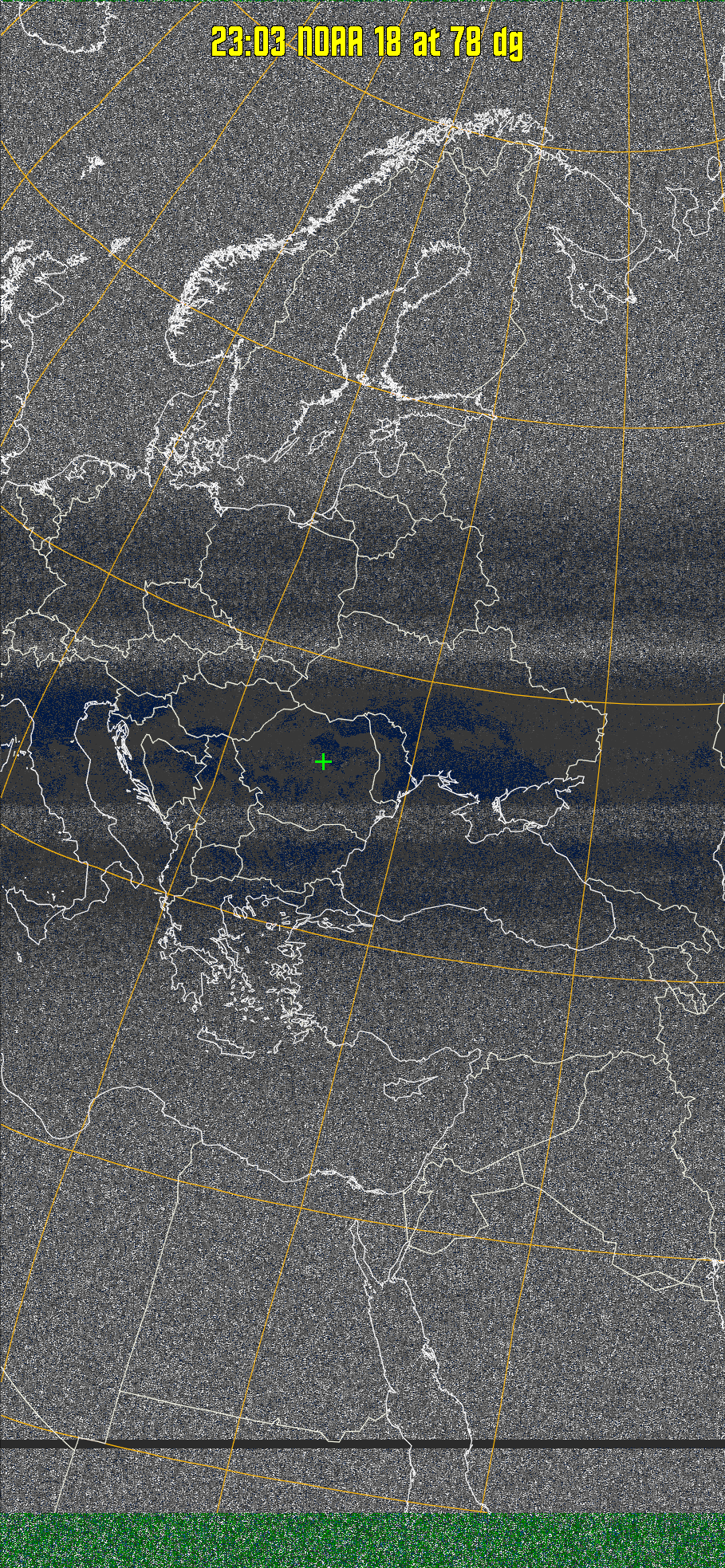 MSA:
Multispectral analysis. Uses a NOAA channel 2-4 image and determines which
regions are most likely to be cloud, land, or sea based on an analysis of the two
images. Produces a vivid false-coloured image as a result.
Note that perfect colouring is difficult to obtain, especially
with low illumination angles.