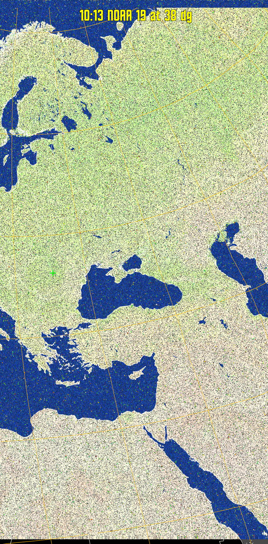 MCIR-precip: 
Colours the NOAA sensor 4 IR image using a map to colour the sea blue and land
green. High clouds appear white, lower clouds gray or land/sea coloured, clouds
generally appear lighter, but distinguishing between land/sea and low cloud may
be difficult. Darker colours indicate warmer regions.