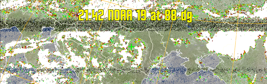 MCIR-precip: 
Colours the NOAA sensor 4 IR image using a map to colour the sea blue and land
green. High clouds appear white, lower clouds gray or land/sea coloured, clouds
generally appear lighter, but distinguishing between land/sea and low cloud may
be difficult. Darker colours indicate warmer regions.