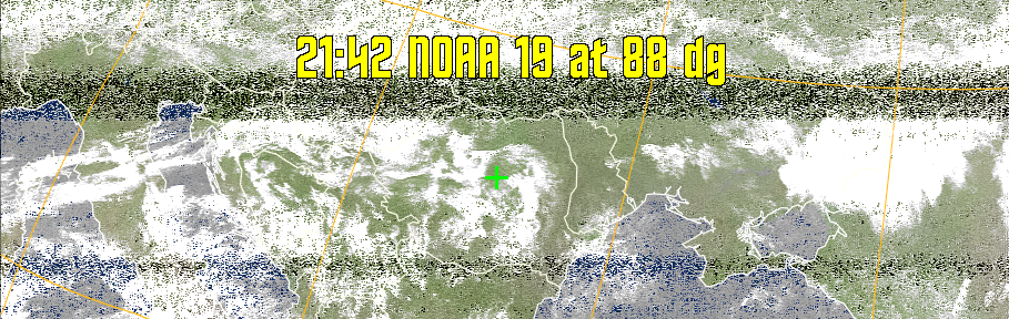 MCIR-precip: 
Colours the NOAA sensor 4 IR image using a map to colour the sea blue and land
green. High clouds appear white, lower clouds gray or land/sea coloured, clouds
generally appear lighter, but distinguishing between land/sea and low cloud may
be difficult. Darker colours indicate warmer regions.