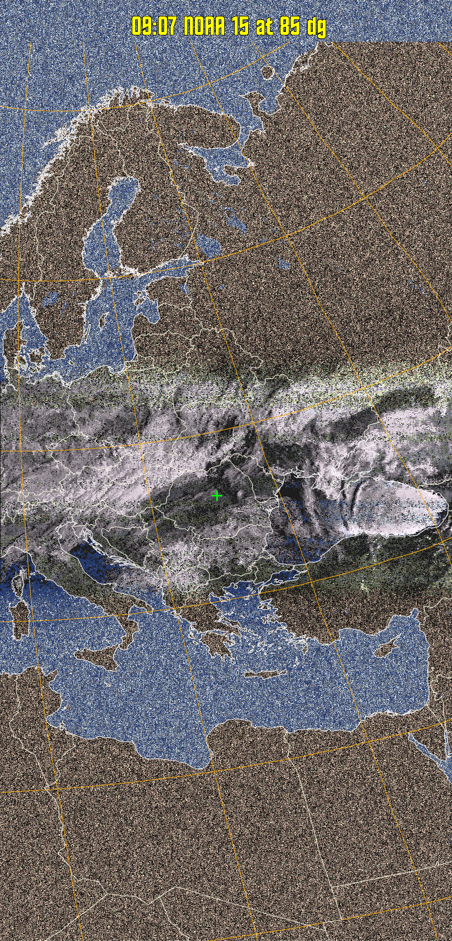 HVCT:
Similar to HVC, but with blue water and with colours more indicative of
land temperatures.
HVC:
Creates a false colour image from NOAA APT images based on temperature using
the HVC colour model. Uses the temperature derived from the sensor 4 image to
select the hue and the brightness from the histogram equalised other image to
select the value and chroma. The HVC colour model attempts to ensure that different colours at the same value will appear to the eye to be the same brightness
and the spacing between colours representing each degree will appear to the eye to
be similar. Bright areas are completely unsaturated in this model.