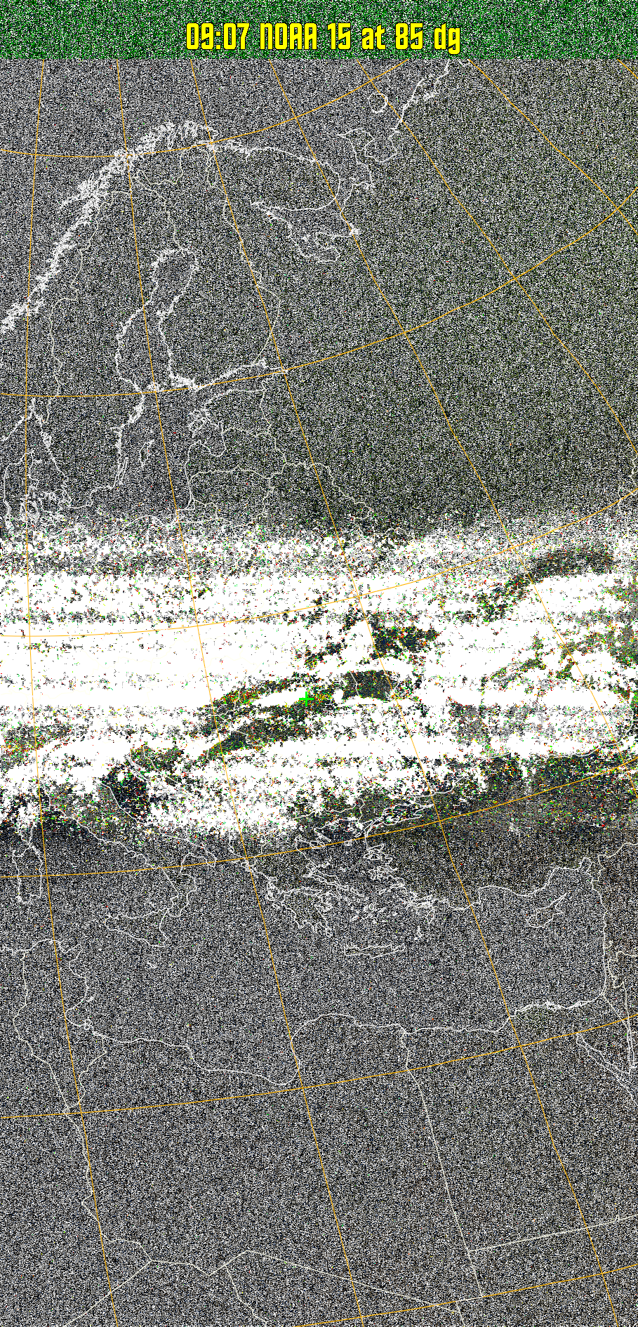 MSA-precip:
Same as MSA multispectral analysis, but high cold cloud tops are coloured the
same as the NO enhancement to give an approximate indication of the probability
and intensity of precipitation.