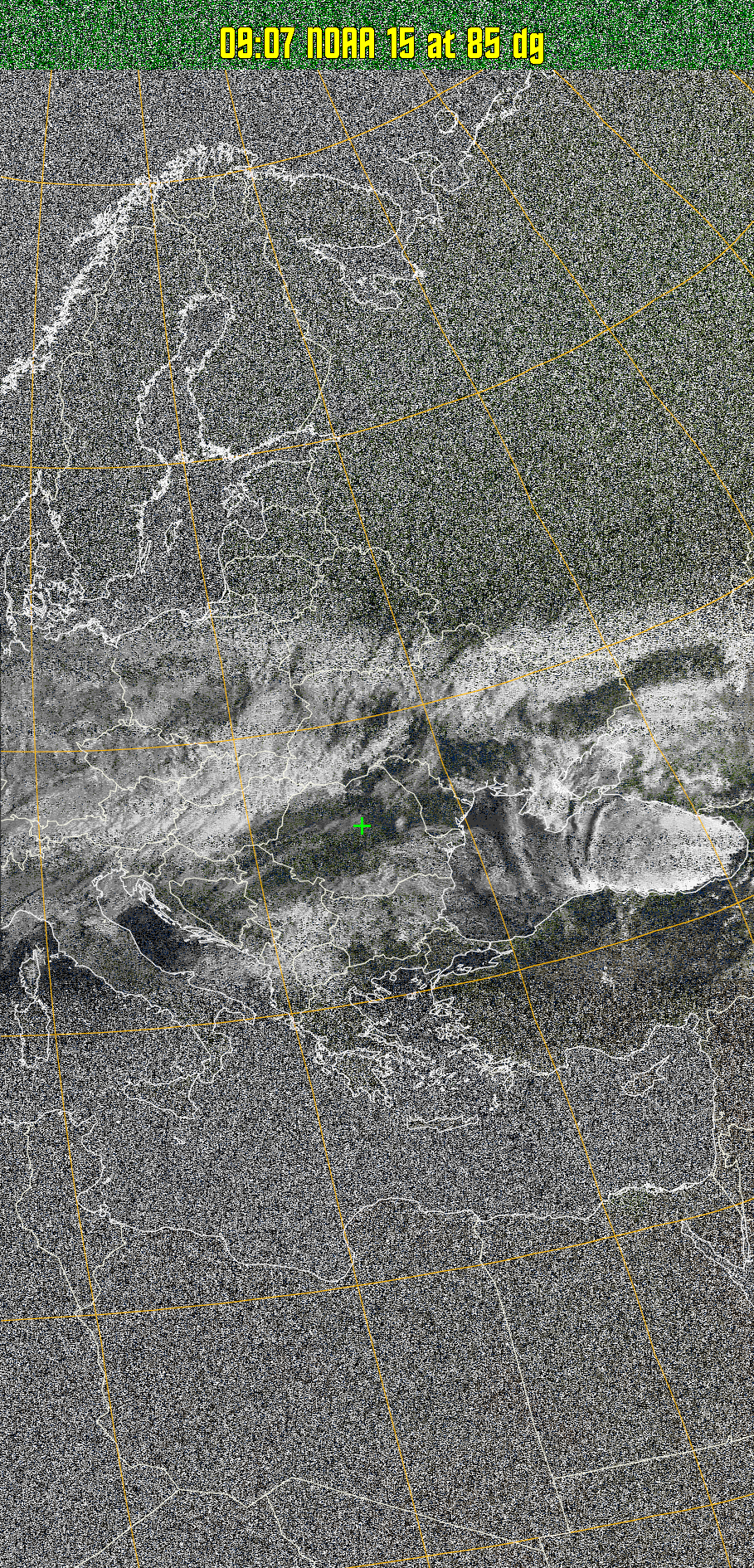 MSA:
Multispectral analysis. Uses a NOAA channel 2-4 image and determines which
regions are most likely to be cloud, land, or sea based on an analysis of the two
images. Produces a vivid false-coloured image as a result.
Note that perfect colouring is difficult to obtain, especially
with low illumination angles.