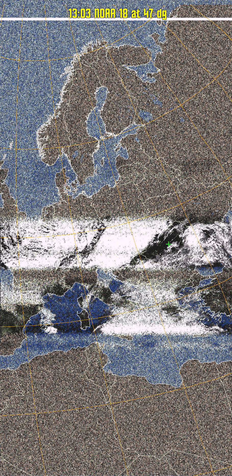 HVCT:
Similar to HVC, but with blue water and with colours more indicative of
land temperatures.
HVC:
Creates a false colour image from NOAA APT images based on temperature using
the HVC colour model. Uses the temperature derived from the sensor 4 image to
select the hue and the brightness from the histogram equalised other image to
select the value and chroma. The HVC colour model attempts to ensure that different colours at the same value will appear to the eye to be the same brightness
and the spacing between colours representing each degree will appear to the eye to
be similar. Bright areas are completely unsaturated in this model.