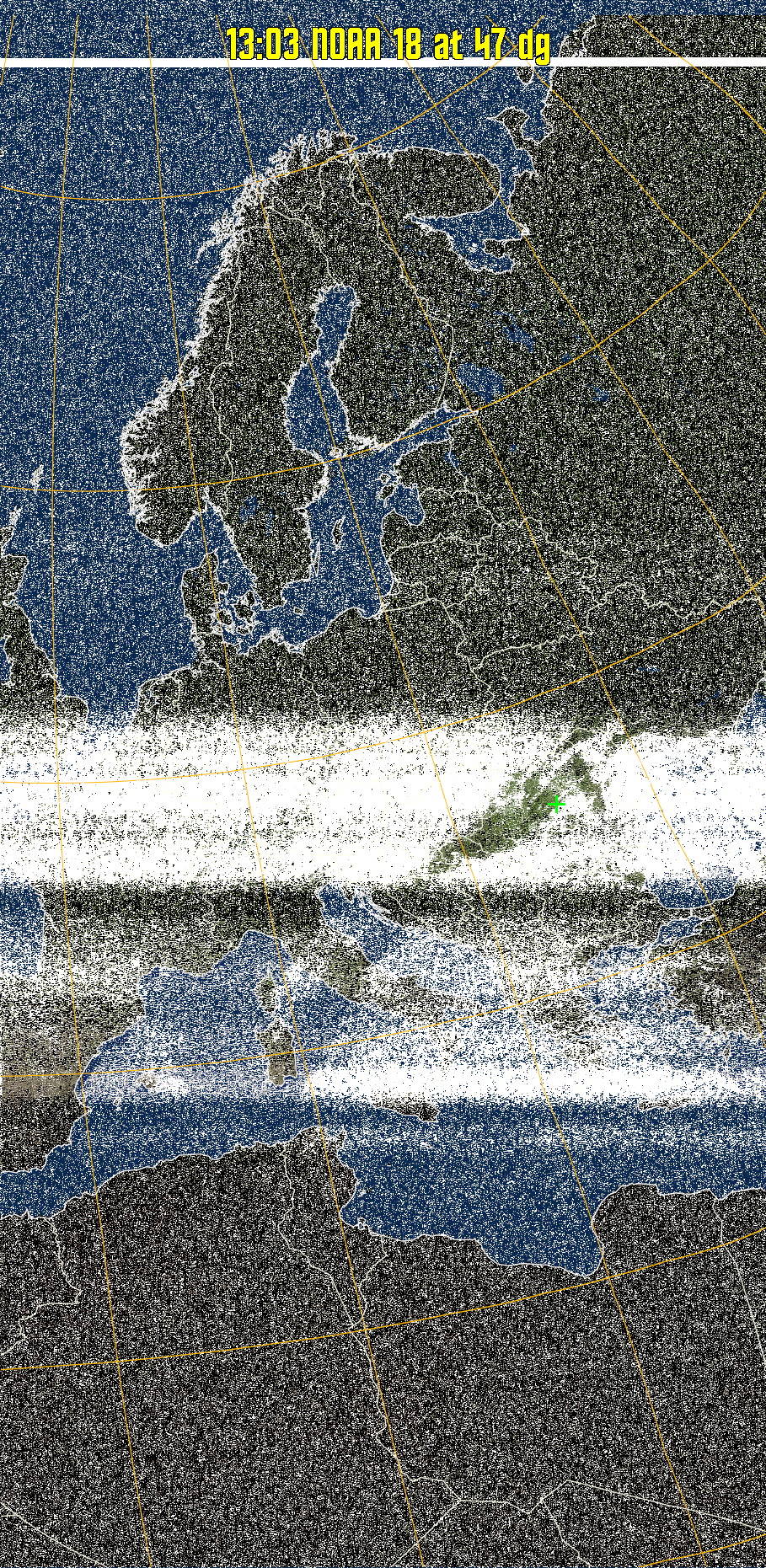 MCIR-precip: 
Colours the NOAA sensor 4 IR image using a map to colour the sea blue and land
green. High clouds appear white, lower clouds gray or land/sea coloured, clouds
generally appear lighter, but distinguishing between land/sea and low cloud may
be difficult. Darker colours indicate warmer regions.