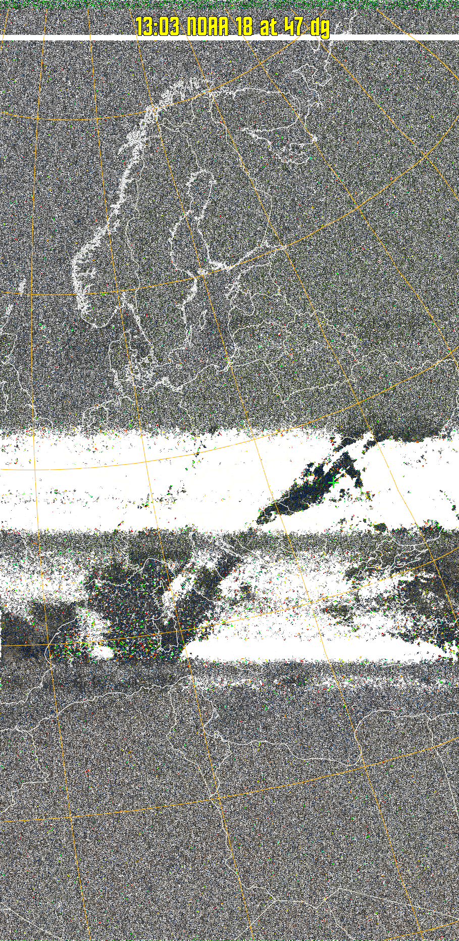 MSA-precip:
Same as MSA multispectral analysis, but high cold cloud tops are coloured the
same as the NO enhancement to give an approximate indication of the probability
and intensity of precipitation.