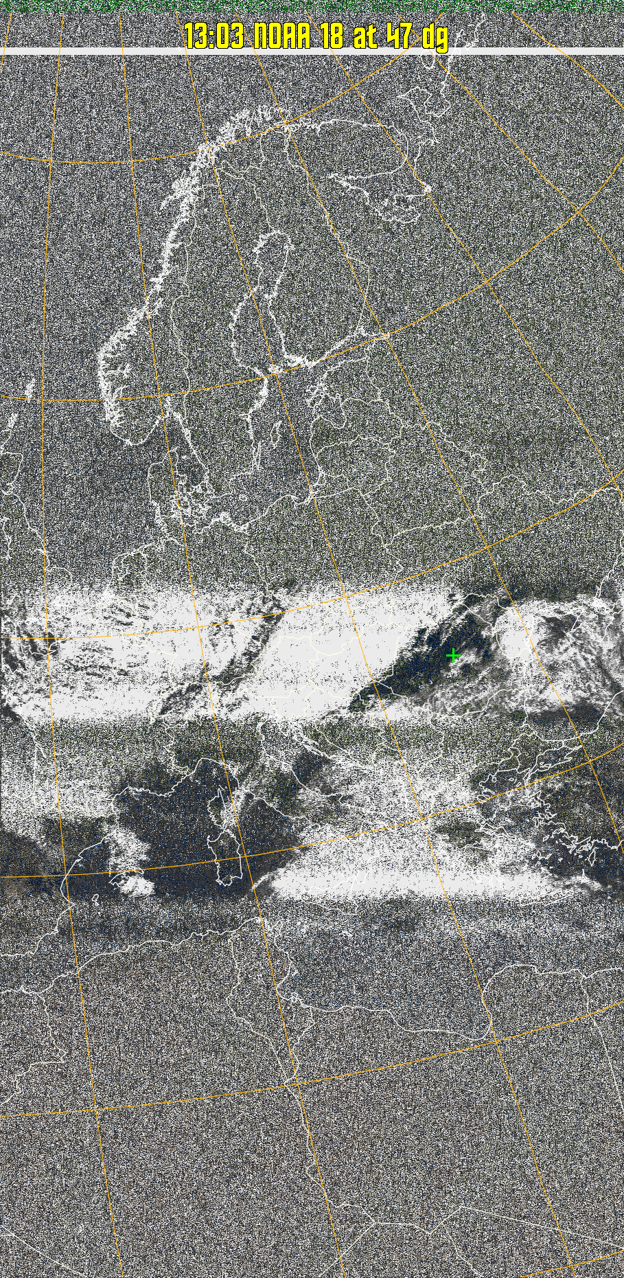 MSA:
Multispectral analysis. Uses a NOAA channel 2-4 image and determines which
regions are most likely to be cloud, land, or sea based on an analysis of the two
images. Produces a vivid false-coloured image as a result.
Note that perfect colouring is difficult to obtain, especially
with low illumination angles.