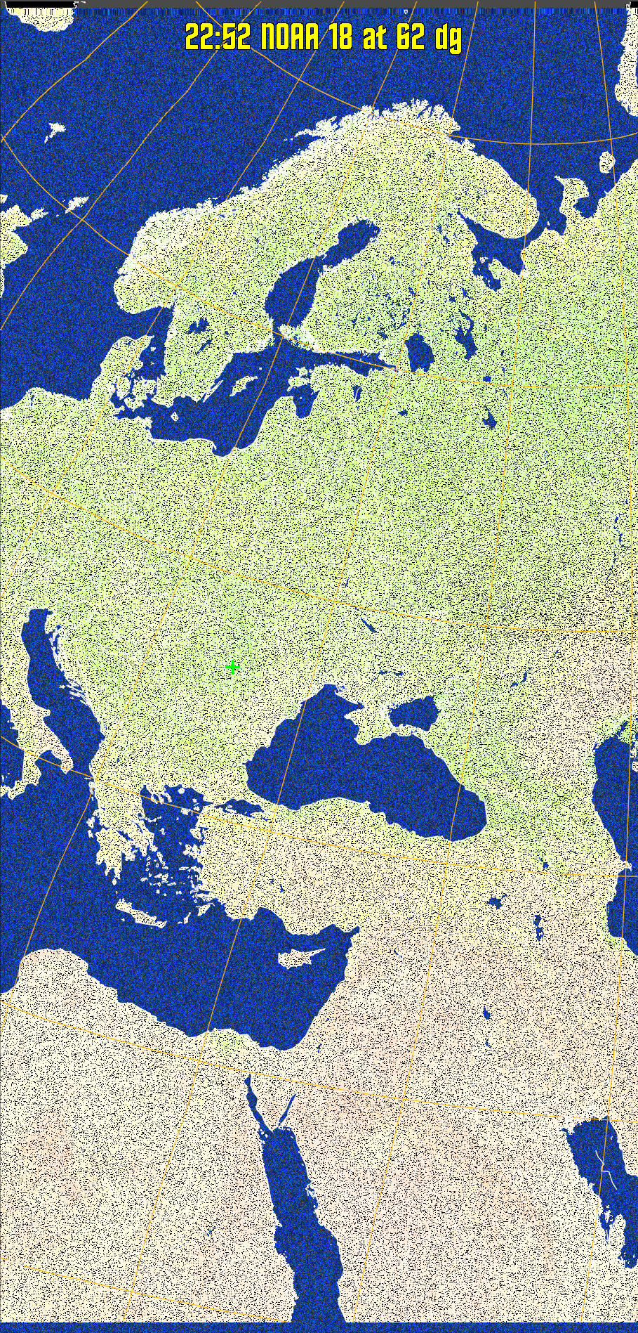 MCIR-precip: 
Colours the NOAA sensor 4 IR image using a map to colour the sea blue and land
green. High clouds appear white, lower clouds gray or land/sea coloured, clouds
generally appear lighter, but distinguishing between land/sea and low cloud may
be difficult. Darker colours indicate warmer regions.