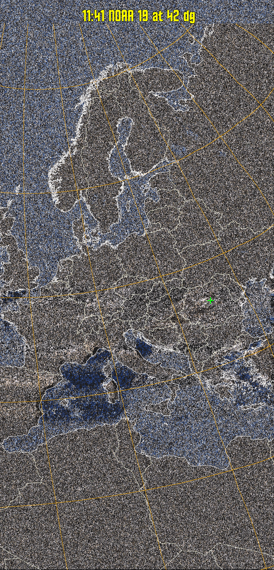 HVCT:
Similar to HVC, but with blue water and with colours more indicative of
land temperatures.
HVC:
Creates a false colour image from NOAA APT images based on temperature using
the HVC colour model. Uses the temperature derived from the sensor 4 image to
select the hue and the brightness from the histogram equalised other image to
select the value and chroma. The HVC colour model attempts to ensure that different colours at the same value will appear to the eye to be the same brightness
and the spacing between colours representing each degree will appear to the eye to
be similar. Bright areas are completely unsaturated in this model.