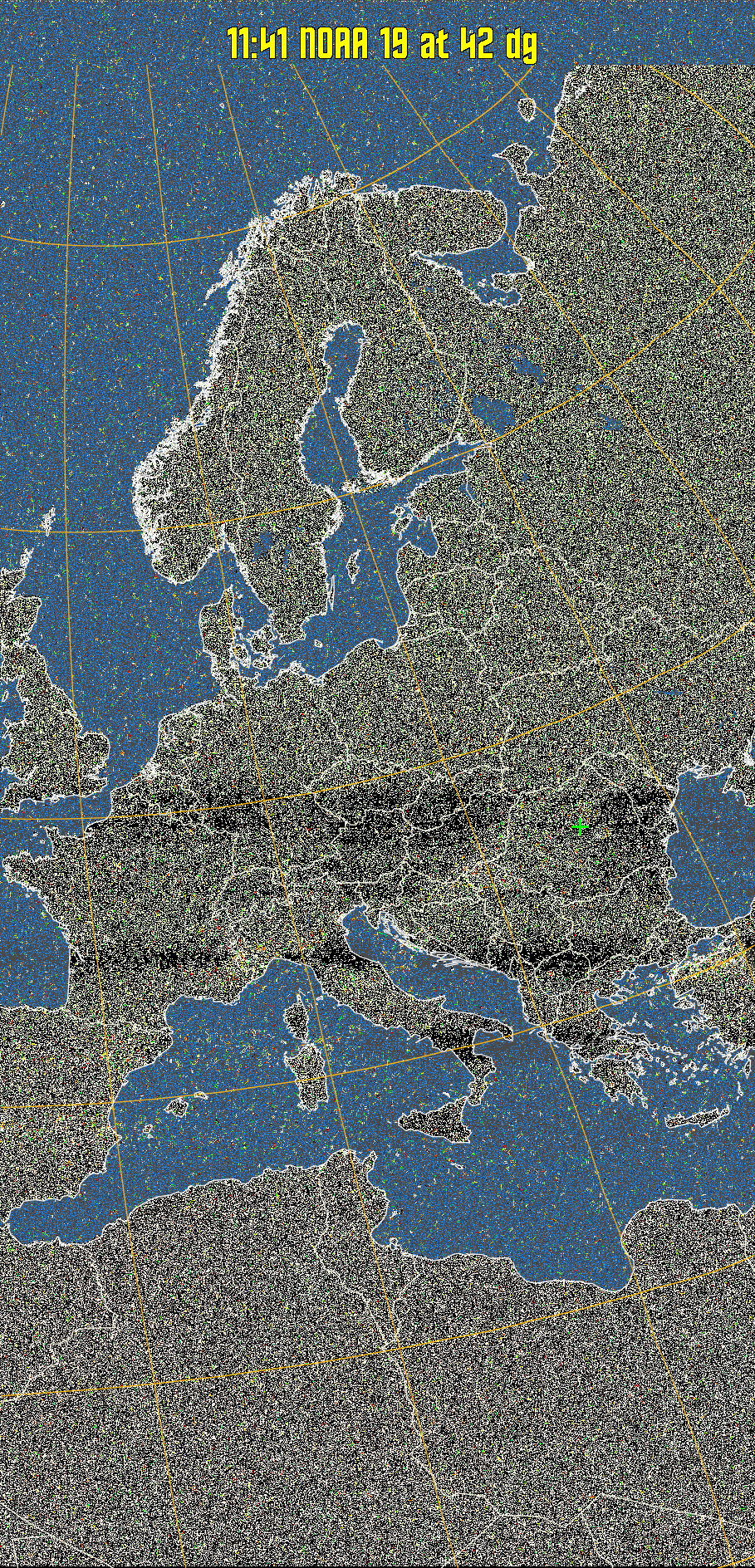 MCIR-precip: 
Colours the NOAA sensor 4 IR image using a map to colour the sea blue and land
green. High clouds appear white, lower clouds gray or land/sea coloured, clouds
generally appear lighter, but distinguishing between land/sea and low cloud may
be difficult. Darker colours indicate warmer regions.