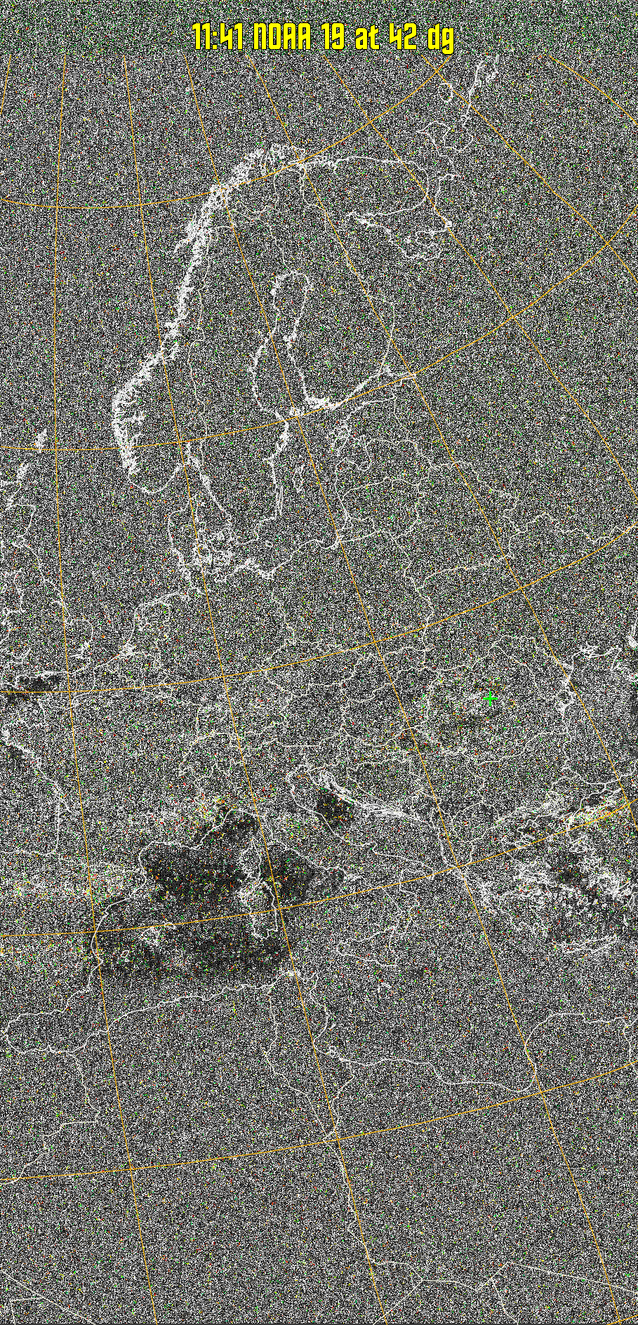 MSA-precip:
Same as MSA multispectral analysis, but high cold cloud tops are coloured the
same as the NO enhancement to give an approximate indication of the probability
and intensity of precipitation.