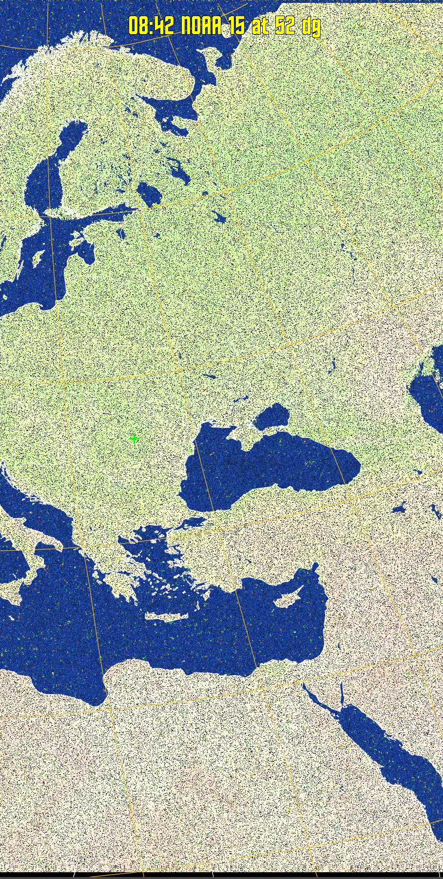 MCIR-precip: 
Colours the NOAA sensor 4 IR image using a map to colour the sea blue and land
green. High clouds appear white, lower clouds gray or land/sea coloured, clouds
generally appear lighter, but distinguishing between land/sea and low cloud may
be difficult. Darker colours indicate warmer regions.