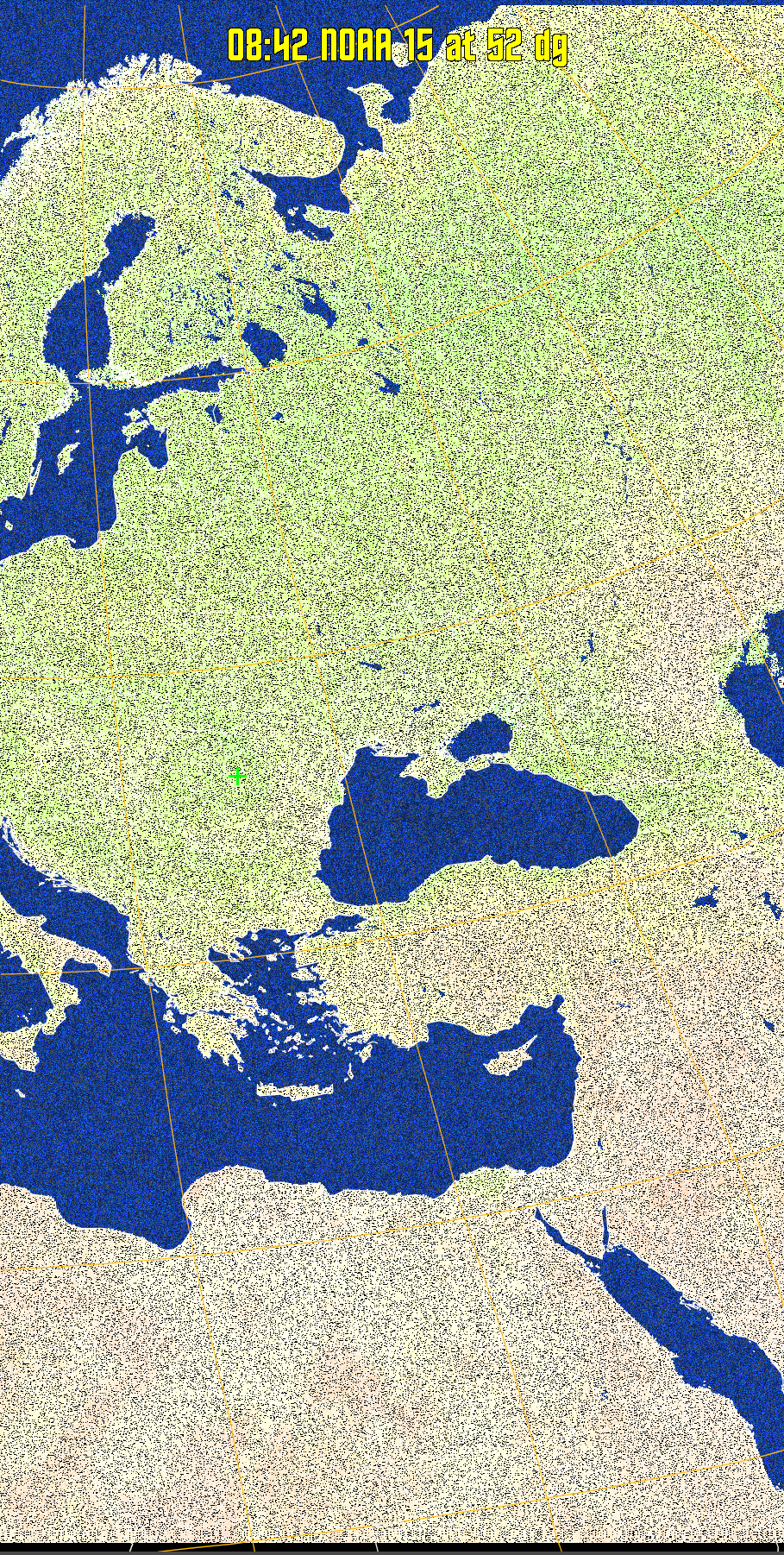 MCIR-precip: 
Colours the NOAA sensor 4 IR image using a map to colour the sea blue and land
green. High clouds appear white, lower clouds gray or land/sea coloured, clouds
generally appear lighter, but distinguishing between land/sea and low cloud may
be difficult. Darker colours indicate warmer regions.