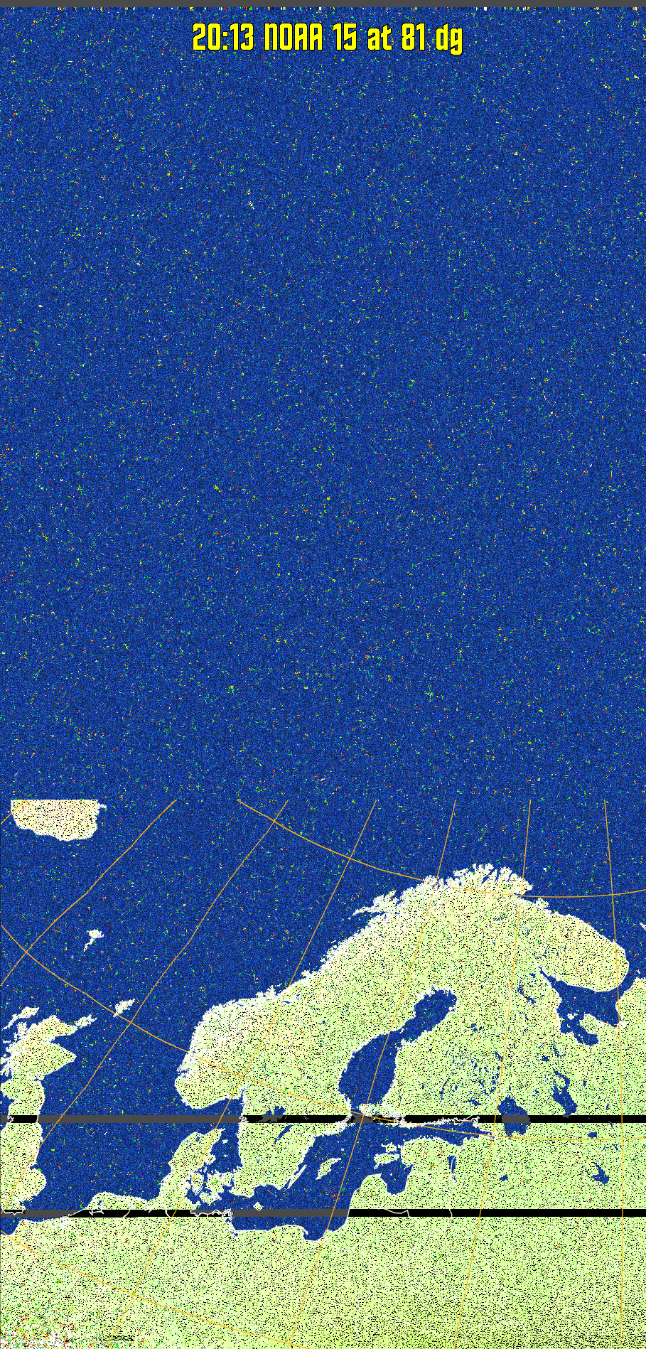 MCIR-precip: 
Colours the NOAA sensor 4 IR image using a map to colour the sea blue and land
green. High clouds appear white, lower clouds gray or land/sea coloured, clouds
generally appear lighter, but distinguishing between land/sea and low cloud may
be difficult. Darker colours indicate warmer regions.