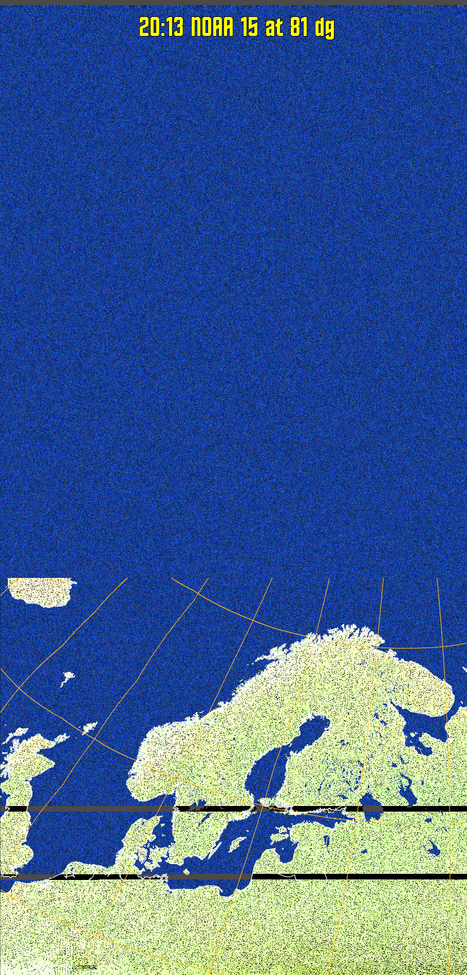 MCIR-precip: 
Colours the NOAA sensor 4 IR image using a map to colour the sea blue and land
green. High clouds appear white, lower clouds gray or land/sea coloured, clouds
generally appear lighter, but distinguishing between land/sea and low cloud may
be difficult. Darker colours indicate warmer regions.