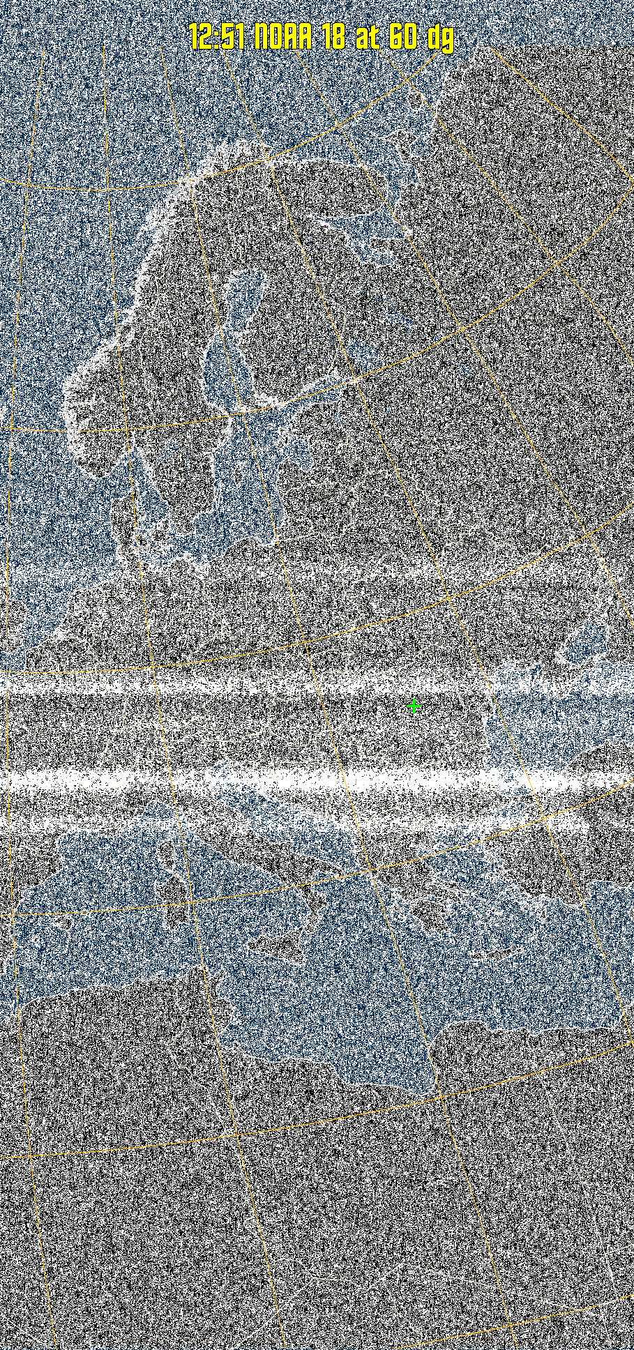 MCIR-precip: 
Colours the NOAA sensor 4 IR image using a map to colour the sea blue and land
green. High clouds appear white, lower clouds gray or land/sea coloured, clouds
generally appear lighter, but distinguishing between land/sea and low cloud may
be difficult. Darker colours indicate warmer regions.