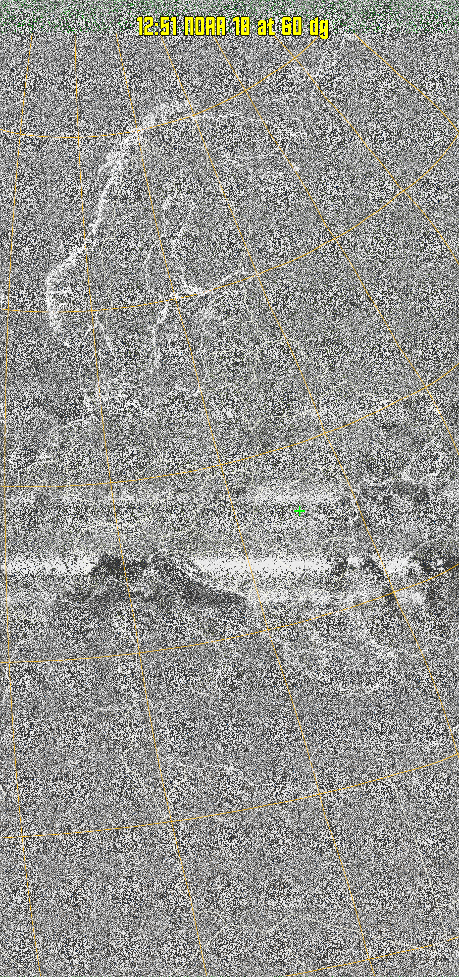 MSA:
Multispectral analysis. Uses a NOAA channel 2-4 image and determines which
regions are most likely to be cloud, land, or sea based on an analysis of the two
images. Produces a vivid false-coloured image as a result.
Note that perfect colouring is difficult to obtain, especially
with low illumination angles.