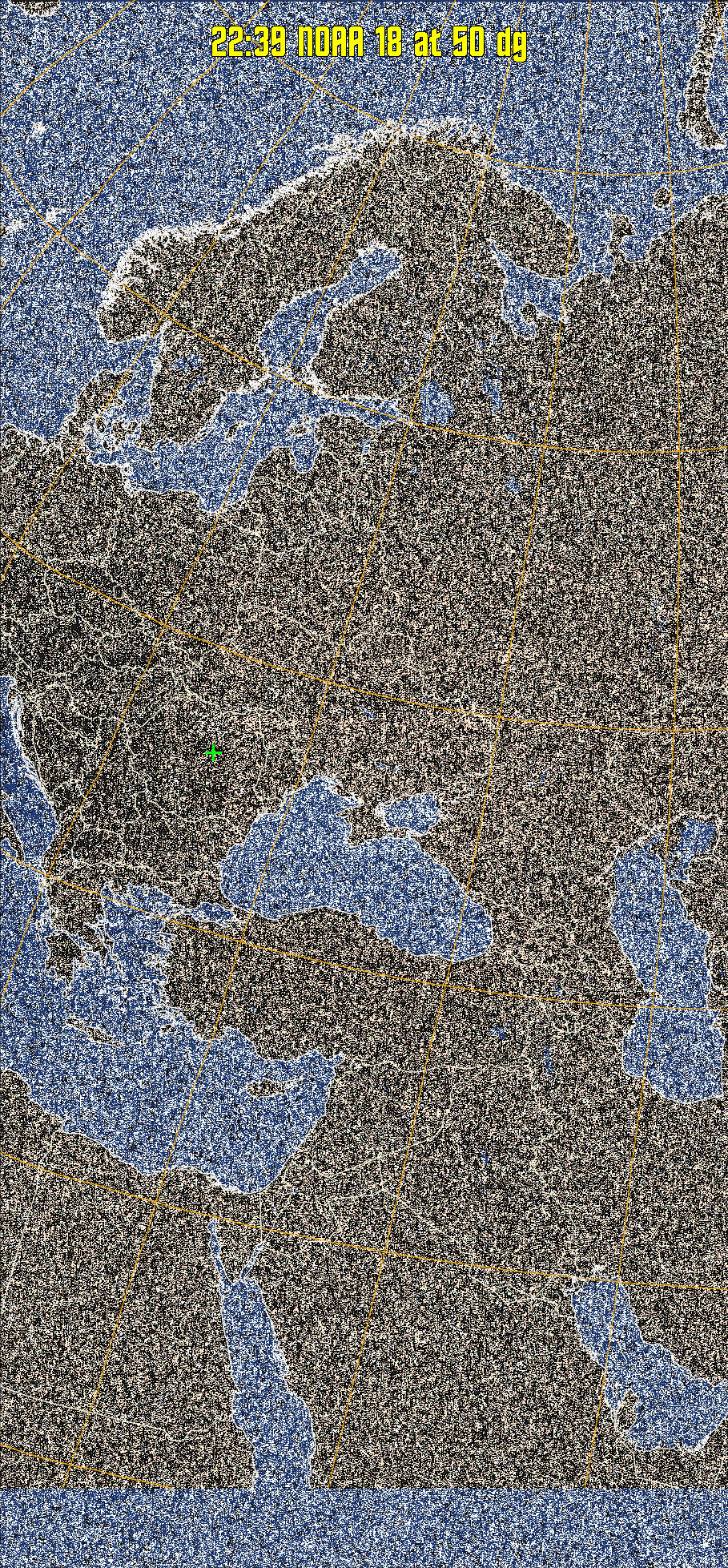 HVCT:
Similar to HVC, but with blue water and with colours more indicative of
land temperatures.
HVC:
Creates a false colour image from NOAA APT images based on temperature using
the HVC colour model. Uses the temperature derived from the sensor 4 image to
select the hue and the brightness from the histogram equalised other image to
select the value and chroma. The HVC colour model attempts to ensure that different colours at the same value will appear to the eye to be the same brightness
and the spacing between colours representing each degree will appear to the eye to
be similar. Bright areas are completely unsaturated in this model.