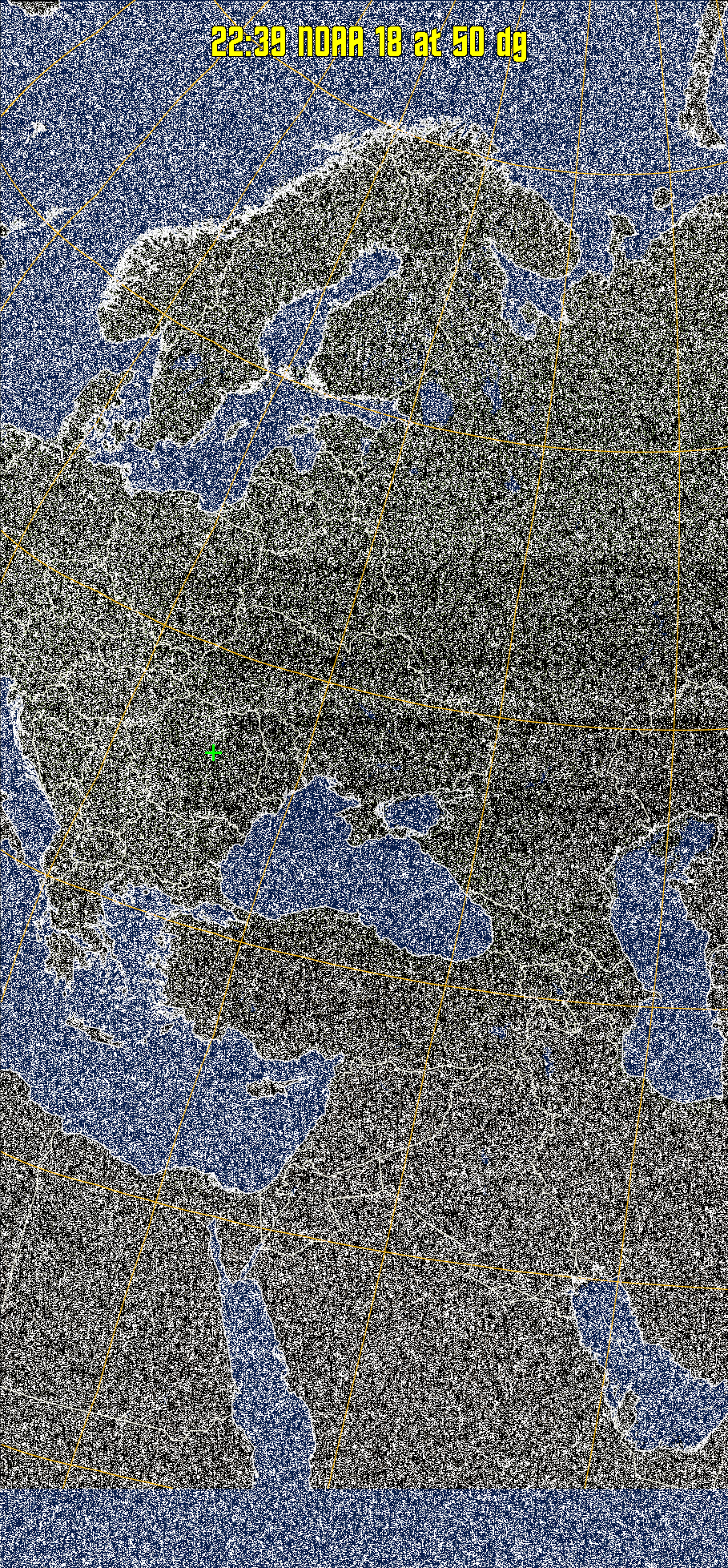 MCIR-precip: 
Colours the NOAA sensor 4 IR image using a map to colour the sea blue and land
green. High clouds appear white, lower clouds gray or land/sea coloured, clouds
generally appear lighter, but distinguishing between land/sea and low cloud may
be difficult. Darker colours indicate warmer regions.