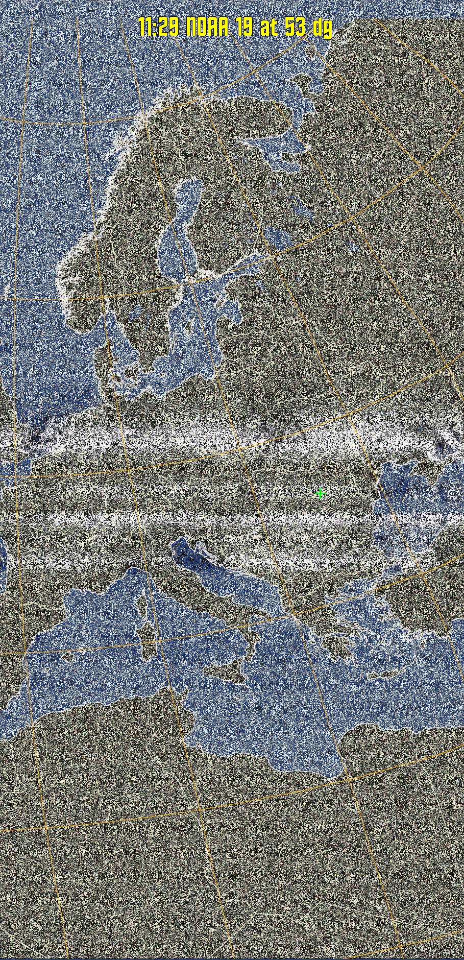 HVCT:
Similar to HVC, but with blue water and with colours more indicative of
land temperatures.
HVC:
Creates a false colour image from NOAA APT images based on temperature using
the HVC colour model. Uses the temperature derived from the sensor 4 image to
select the hue and the brightness from the histogram equalised other image to
select the value and chroma. The HVC colour model attempts to ensure that different colours at the same value will appear to the eye to be the same brightness
and the spacing between colours representing each degree will appear to the eye to
be similar. Bright areas are completely unsaturated in this model.