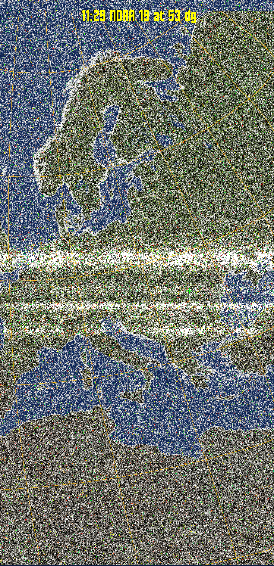 MCIR-precip: 
Colours the NOAA sensor 4 IR image using a map to colour the sea blue and land
green. High clouds appear white, lower clouds gray or land/sea coloured, clouds
generally appear lighter, but distinguishing between land/sea and low cloud may
be difficult. Darker colours indicate warmer regions.