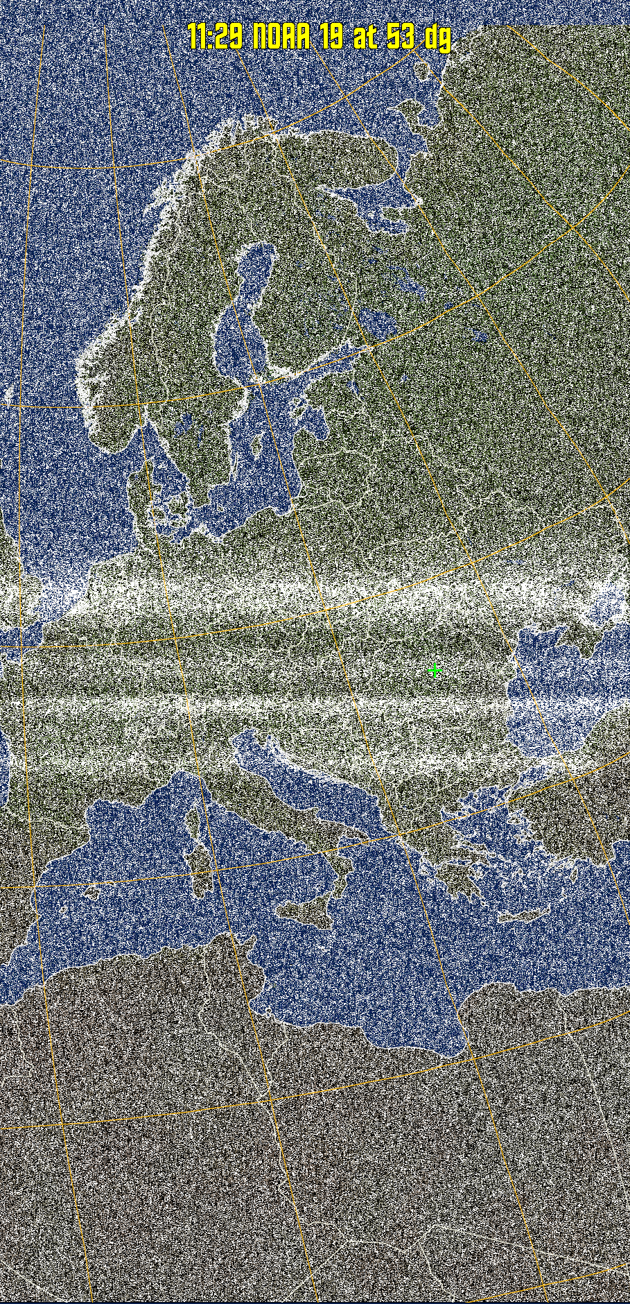 MCIR-precip: 
Colours the NOAA sensor 4 IR image using a map to colour the sea blue and land
green. High clouds appear white, lower clouds gray or land/sea coloured, clouds
generally appear lighter, but distinguishing between land/sea and low cloud may
be difficult. Darker colours indicate warmer regions.