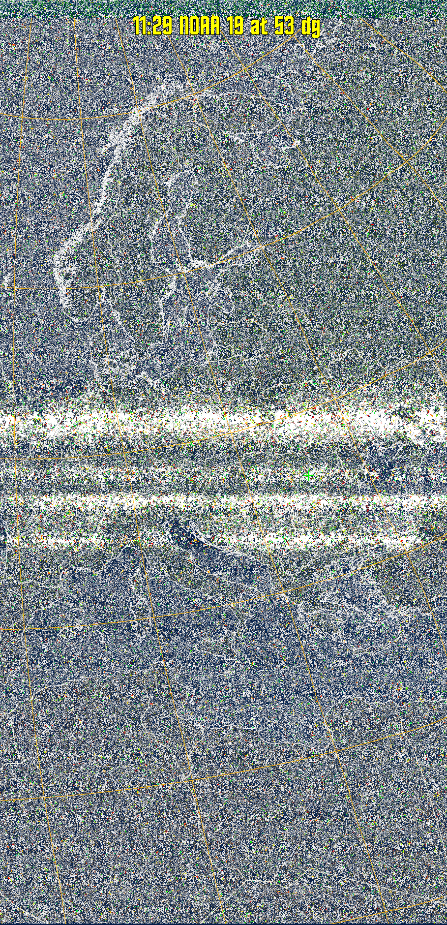 MSA-precip:
Same as MSA multispectral analysis, but high cold cloud tops are coloured the
same as the NO enhancement to give an approximate indication of the probability
and intensity of precipitation.