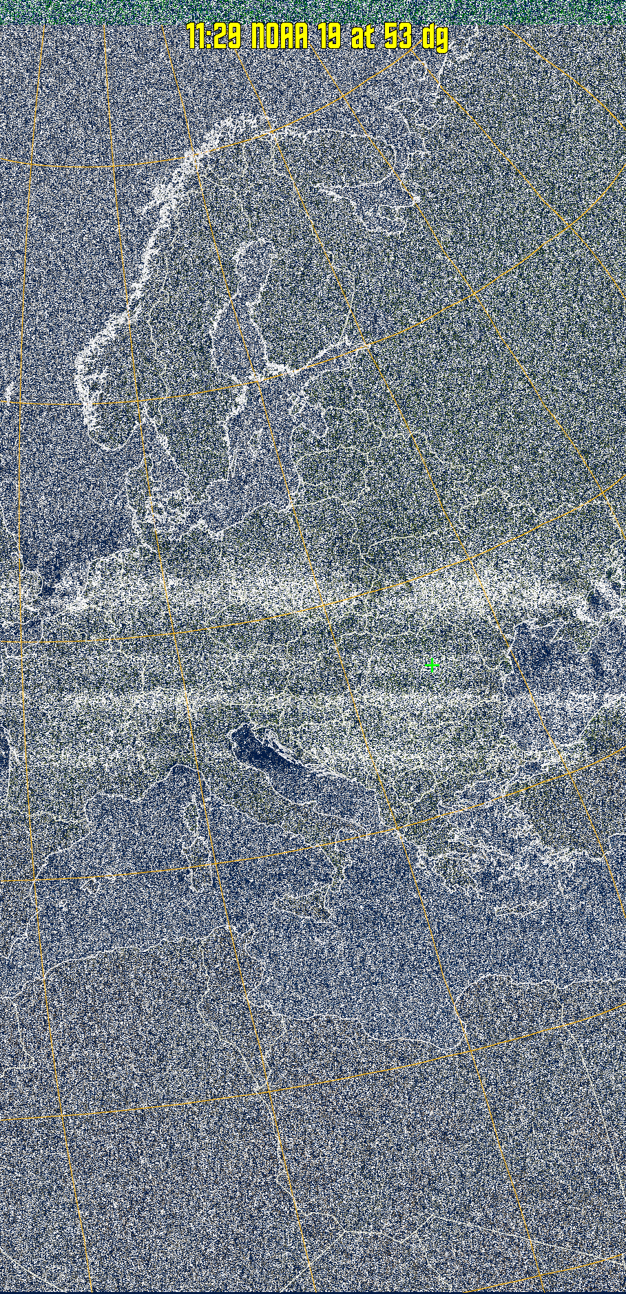 MSA:
Multispectral analysis. Uses a NOAA channel 2-4 image and determines which
regions are most likely to be cloud, land, or sea based on an analysis of the two
images. Produces a vivid false-coloured image as a result.
Note that perfect colouring is difficult to obtain, especially
with low illumination angles.