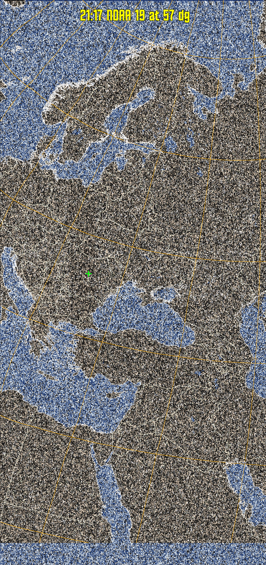 HVCT:
Similar to HVC, but with blue water and with colours more indicative of
land temperatures.
HVC:
Creates a false colour image from NOAA APT images based on temperature using
the HVC colour model. Uses the temperature derived from the sensor 4 image to
select the hue and the brightness from the histogram equalised other image to
select the value and chroma. The HVC colour model attempts to ensure that different colours at the same value will appear to the eye to be the same brightness
and the spacing between colours representing each degree will appear to the eye to
be similar. Bright areas are completely unsaturated in this model.