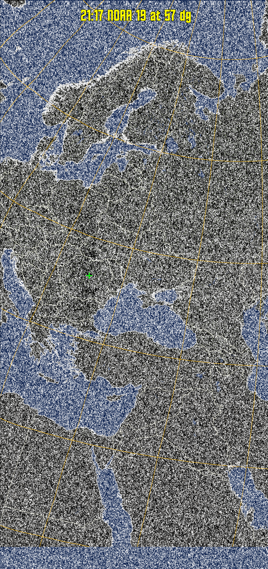 MCIR-precip: 
Colours the NOAA sensor 4 IR image using a map to colour the sea blue and land
green. High clouds appear white, lower clouds gray or land/sea coloured, clouds
generally appear lighter, but distinguishing between land/sea and low cloud may
be difficult. Darker colours indicate warmer regions.